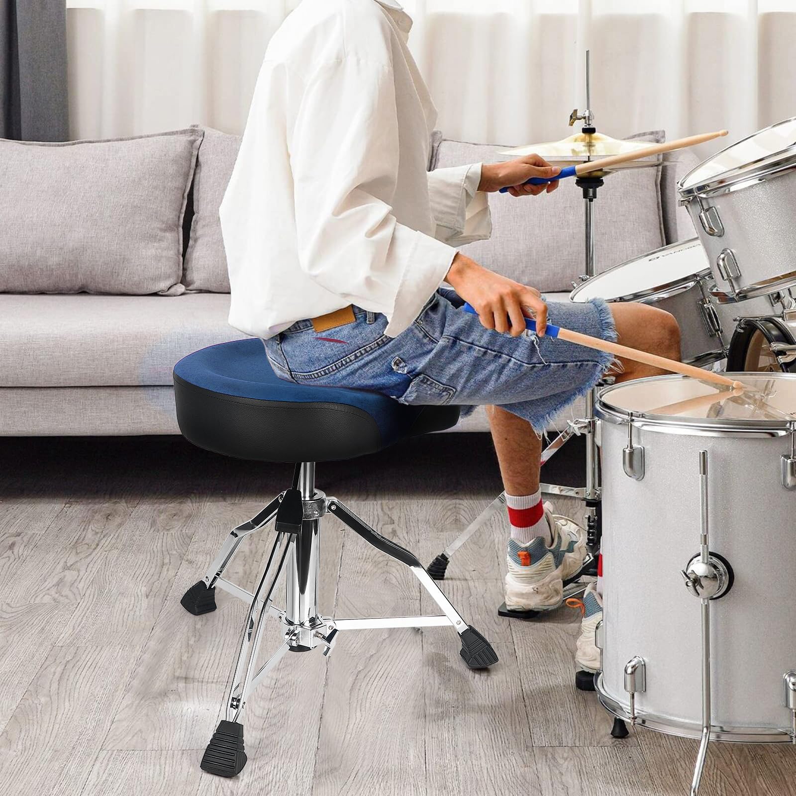 AKOLT Heavy Duty Hydraulic Drum Throne - Adjustable Height Suede Drum Seat with Motorcycle Style Design for Adult Drummers (Dark Blue) - Perfect for Drum Kits, Live Performances & Music Studios