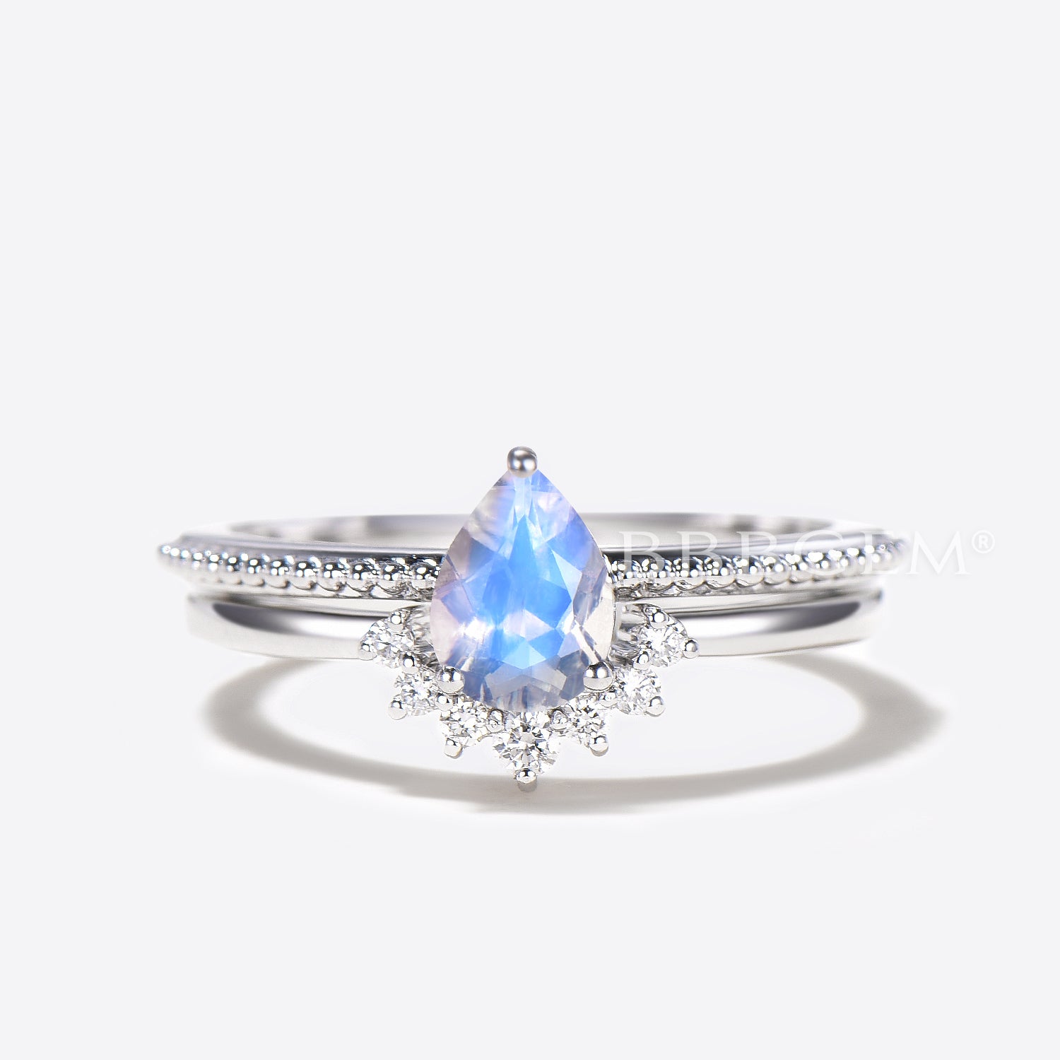 Genuine Moonstone Diamond Engagement Ring Set with Solitaire Rainbow Pear Cut - Perfect for Proposals, Weddings & Anniversary Gifts