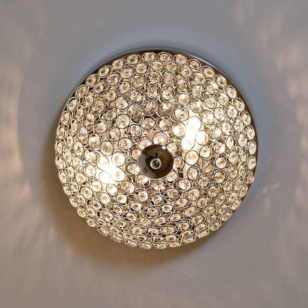 Depuley Modern Crystal Ceiling Light Fixture - 2-Light Flush Mount Chandelier with Chrome Finish & Bowl Shade Design for Dining Room, Bedroom or Living Room Lighting