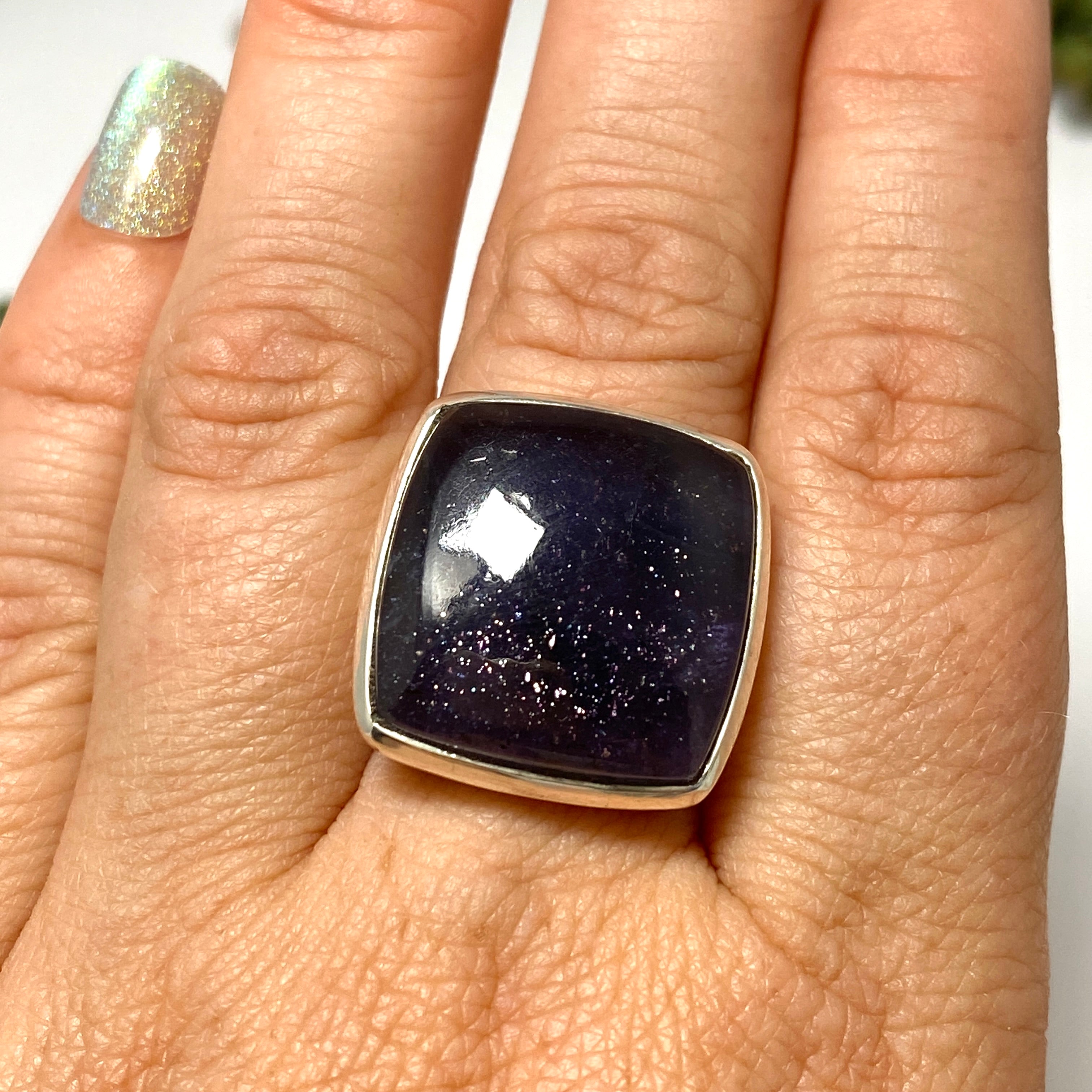 Iolite Sunstone Square Cabochon Ring - Size 9 - Handmade Sterling Silver Jewelry - Perfect for Weddings, Parties & Everyday Wear