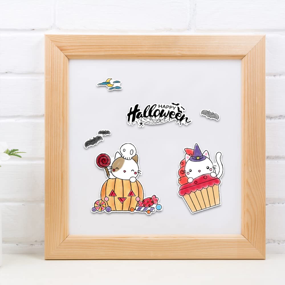 Halloween Cat Clear Stamps and Dies Set for Card Making - Candy Wreath Rubber Stamps with Kitty House Frame Cutting Dies - Perfect for Scrapbooking, Journaling, and DIY Craft Projects - Great for Halloween Cards, Party Invitations, and Home Decor