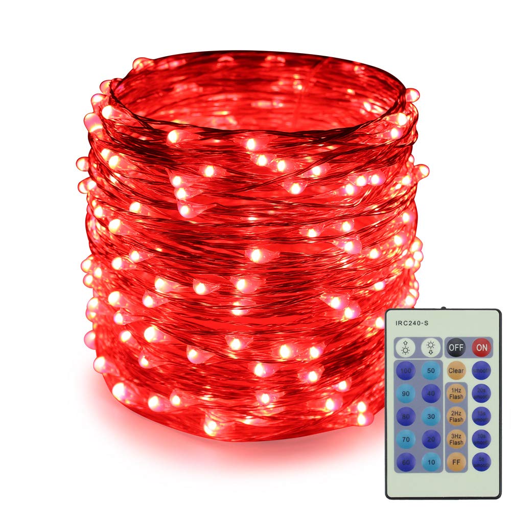 66Ft 200 LEDs Dimmable Silver Wire Starry String Lights with Remote Control - Waterproof Outdoor/Indoor Fairy Lights for Christmas, Wedding, Party, Garden, Patio, Bedroom Decoration (Red)