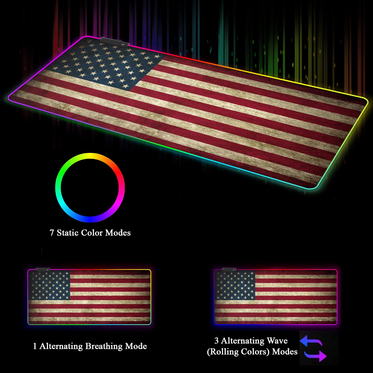 Meffort Inc RGB Gaming Mouse Pad - Large LED Gaming Mouse Mat with Custom Design, Stitched Edges (23.6 x 13.7 Inch) | USA Flag Pattern | Perfect for PC Gaming Setup, Office Work & Streaming Station Accessories