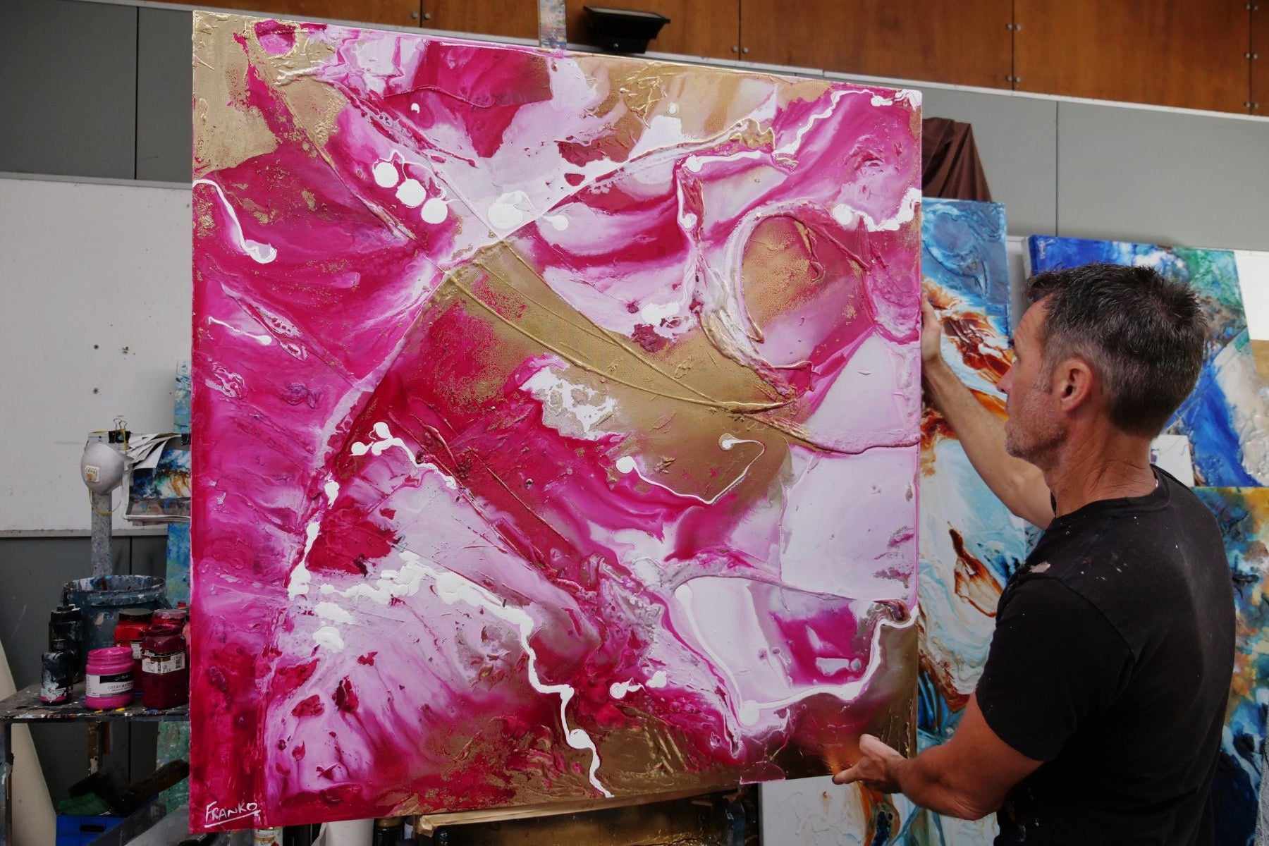 120cm x 120cm Gold Pink White Textured Abstract Canvas Painting - Modern Wall Art for Living Room, Bedroom & Office Decor