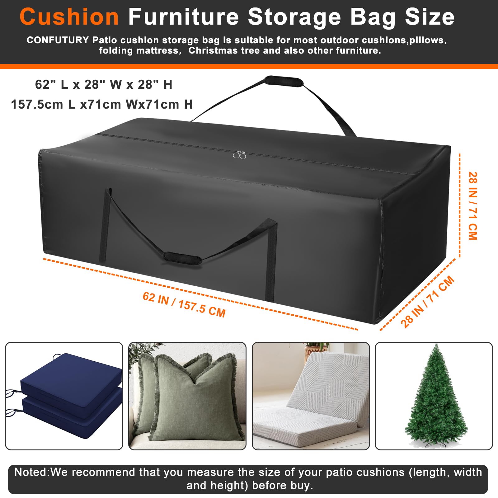 Large Heavy Duty 420D Waterproof Patio Cushion Storage Bag with Zipper & Handles - 62