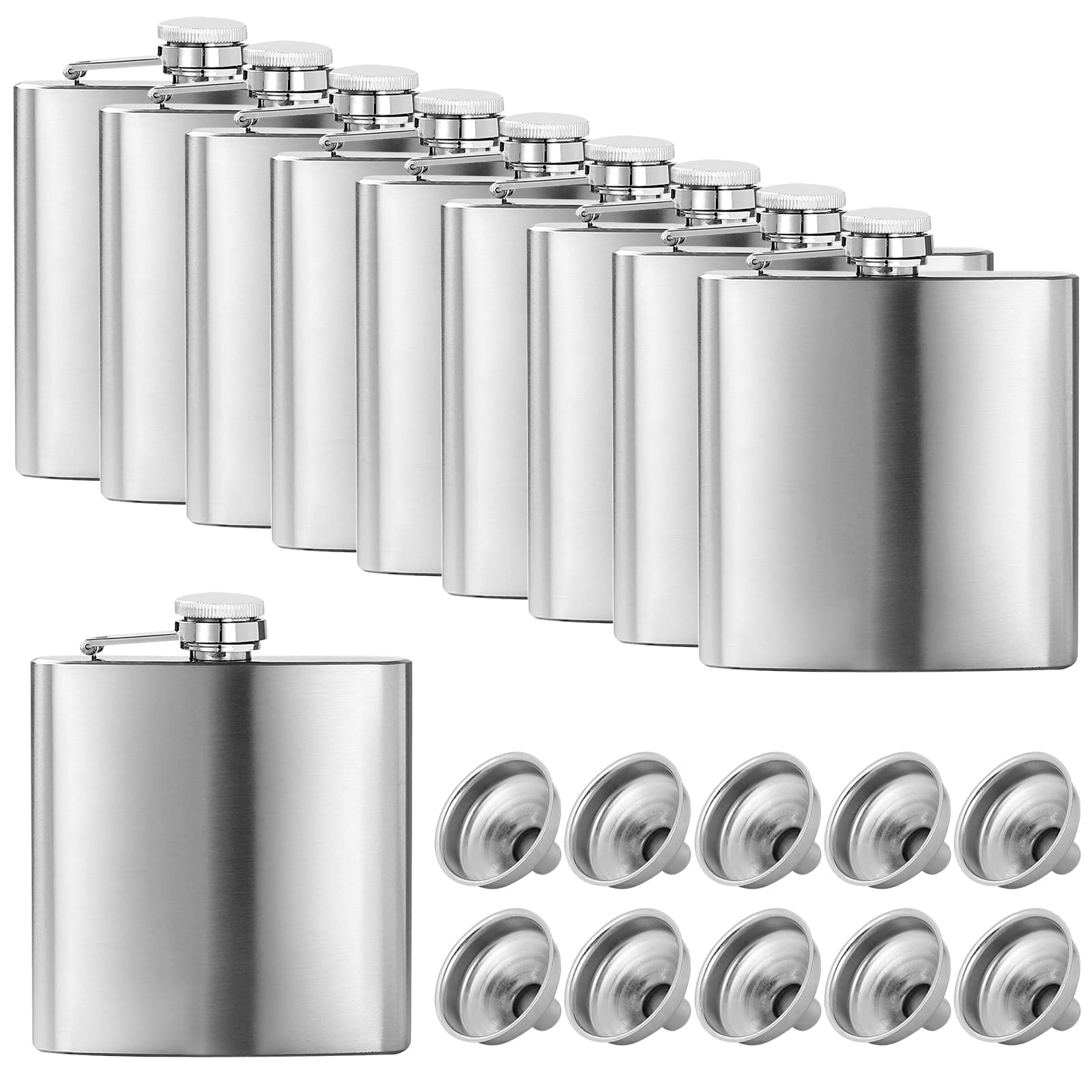Premium 10-Pack 6 oz Stainless Steel Flasks with Easy Pour Funnel - Durable & Leak-Proof for Outdoor Adventures, Camping, Hiking, and Travel Essentials