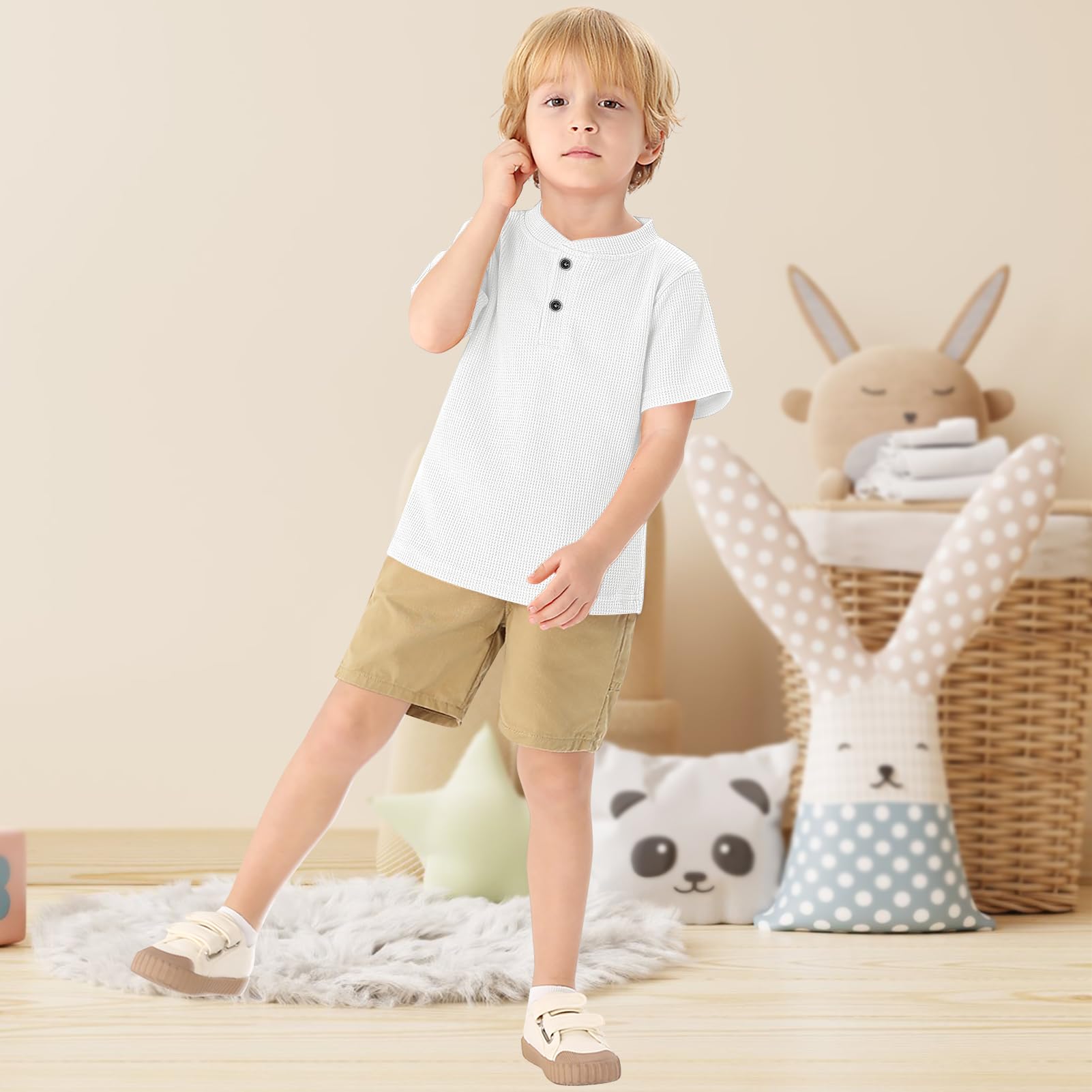 XMWEALTHY Baby Boys' 2-Pack Waffle Knit Short Sleeve Henley Shirts - Soft Cotton Toddler Tops for Playdates & Everyday Wear