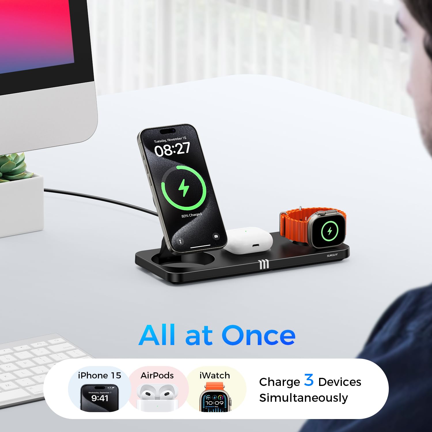 3-in-1 Wireless Charging Station for iPhone 16/15/14/13/12 Pro Max Plus, Apple Watch S10/Ultra/S2 & AirPods 4/Pro/3/2 - 15W Fast Magnetic Charger with Foldable Design | Perfect for Home, Office & Travel Use