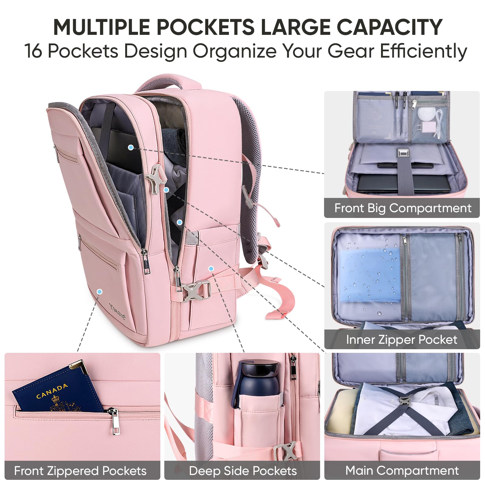 BALEINE Travel Backpack for Women & Men - Waterproof Large Carry On Laptop Backpack with USB Charging Port - Perfect for Business Travel, Weekend Getaways, Hiking & College (Large, Pink)