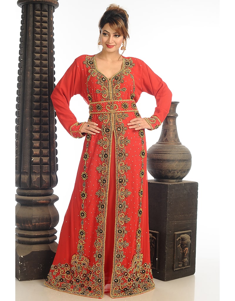 Elegant Arabic Red Georgette Kaftan with Handcrafted Zari Embroidery - Perfect for Weddings, Parties & Special Occasions