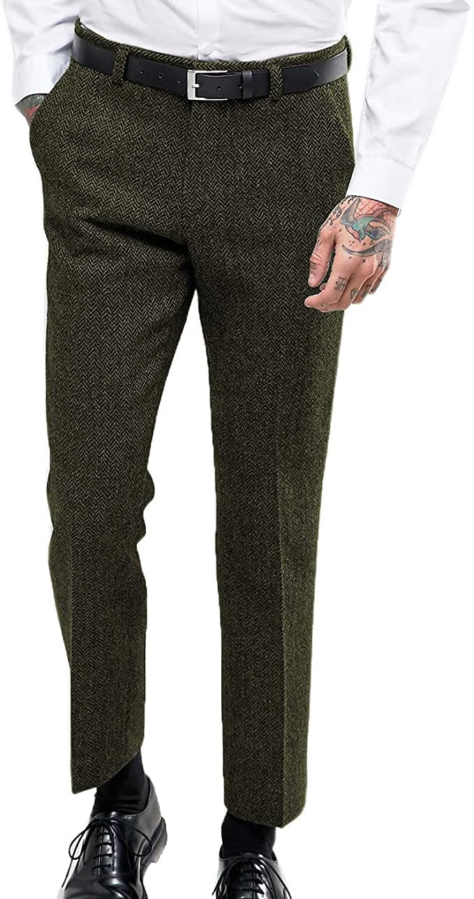 Men's Slim Fit Wool Trousers - Herringbone Business Suit Pants for Wedding & Office