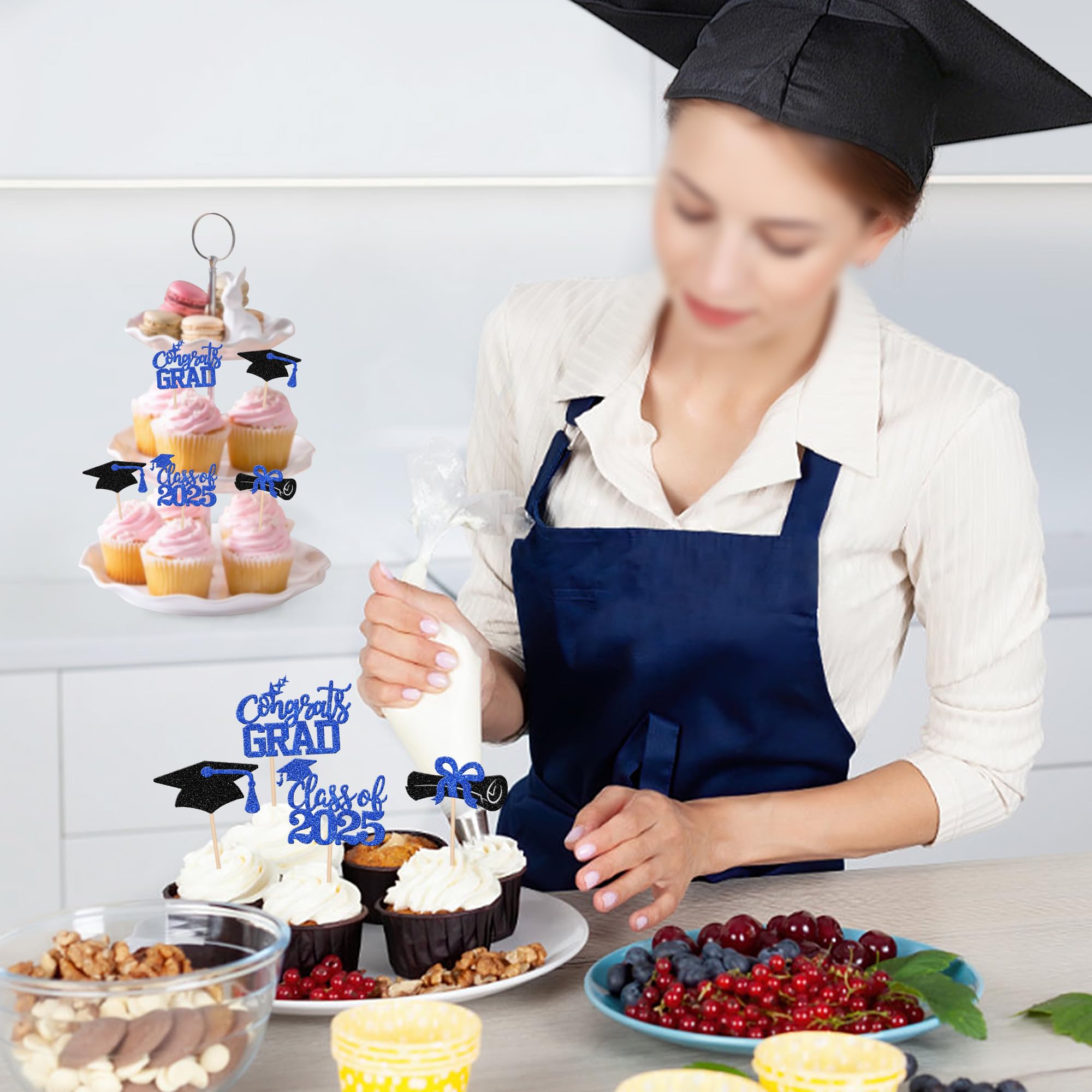 24 PCS Class of 2025 Graduation Cupcake Toppers - Glitter Diploma & Grad Cap Cake Decorations - Blue Graduation Party Supplies for 2025 Theme Celebrations, School Events & Dessert Decorating