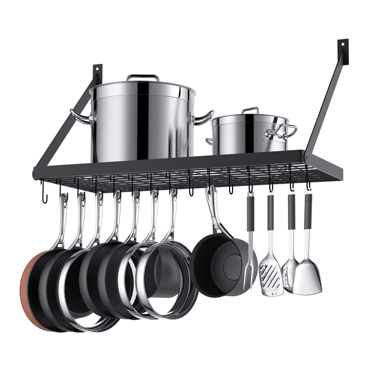 Hoooh Square Grid Wall Mount Pot Rack with 10 Hooks - Black Kitchen Cookware Hanging Organizer (KPR300A-BK) for Pots, Pans & Utensils - Perfect for Small Kitchens & Pantry Organization