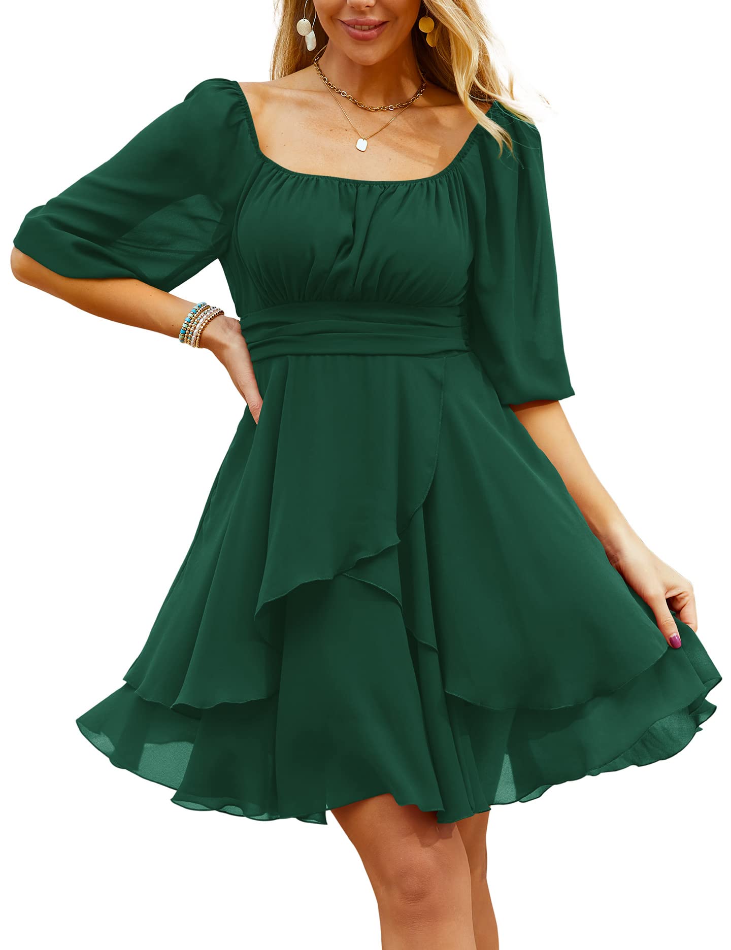 Beluring Women's Square Neck Puff Short Sleeve Chiffon Mini Dress with Elastic Waist - Perfect for Casual Wear, Summer Outfits, and Date Nights