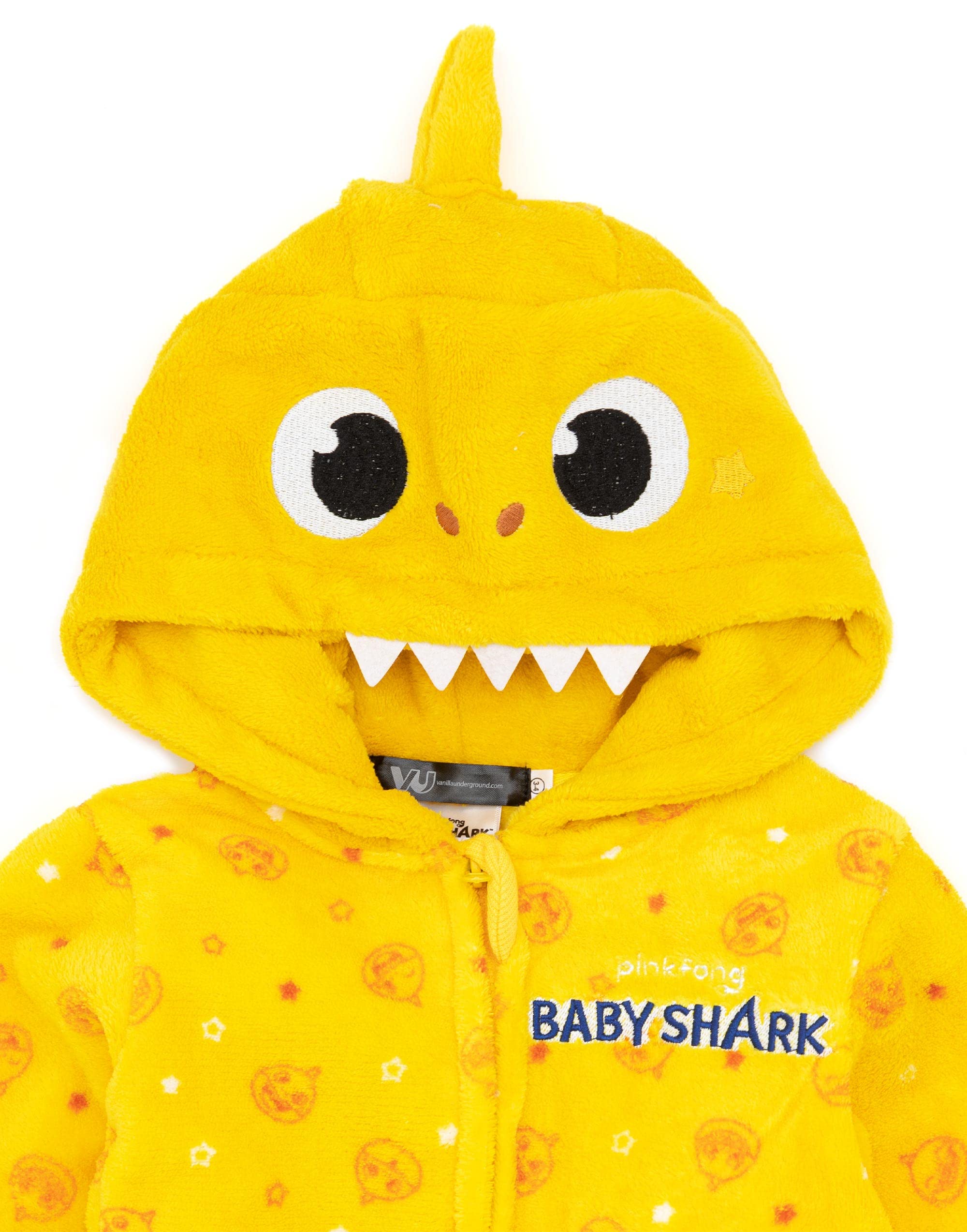 Baby Shark Onesie for Toddlers & Kids - Boys & Girls Yellow Shark PJs with 3D Teeth & Fin | Fleece Zip-Up Hooded Pajamas | Perfect for Shark-Themed Parties, Family Matching Outfits & Cozy Sleepwear