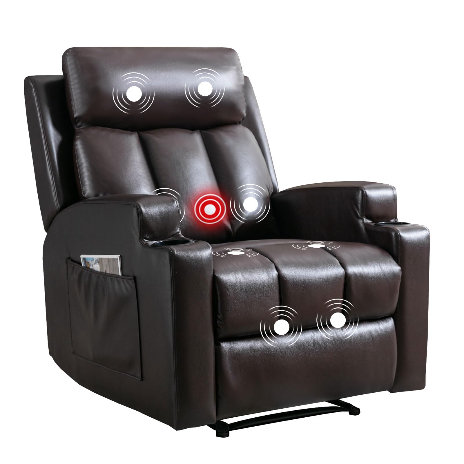 Phoenix Home Manual Recliner Chair with Massage & Heat - Ergonomic Overstuffed Fabric Recliner with Side Pockets, Cup Holders & Remote Control - Perfect for Living Room & Bedroom Relaxation (Brown)