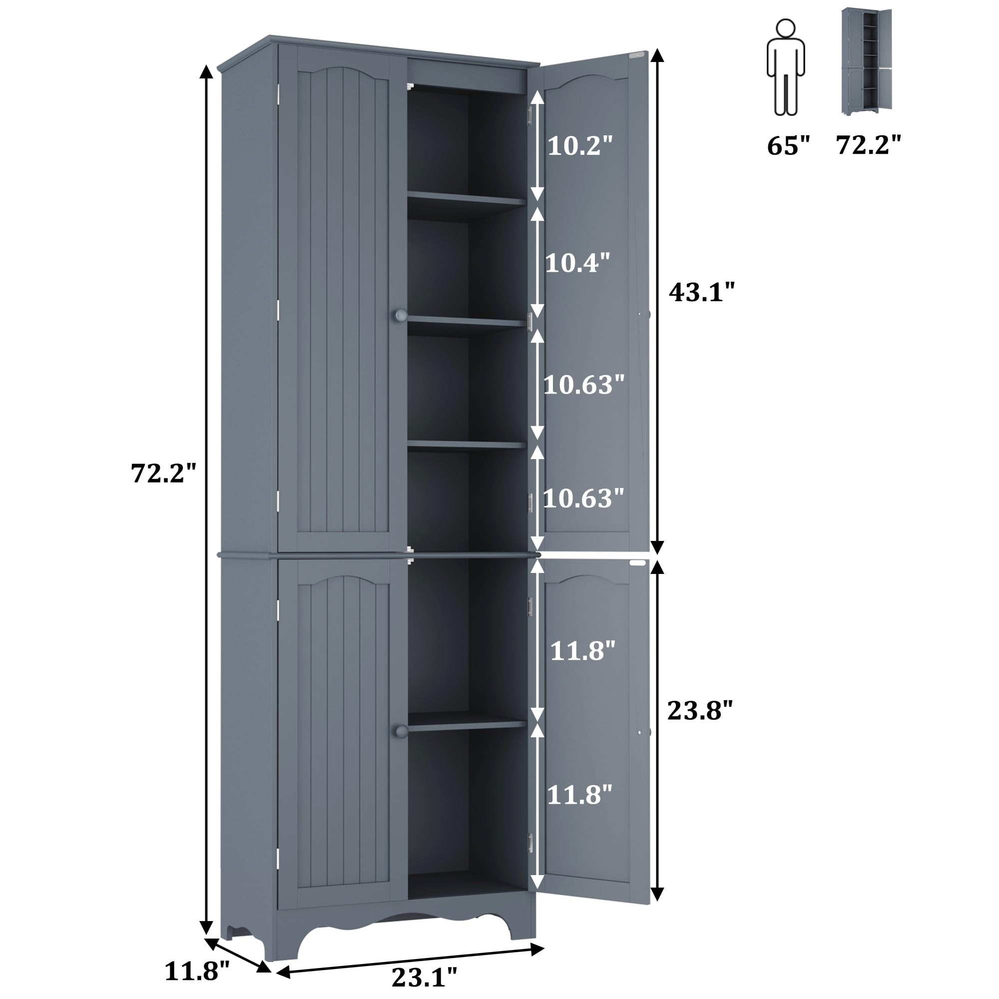 Tall Wooden Pantry Cabinet with 4 Doors & 5 Shelves - 72