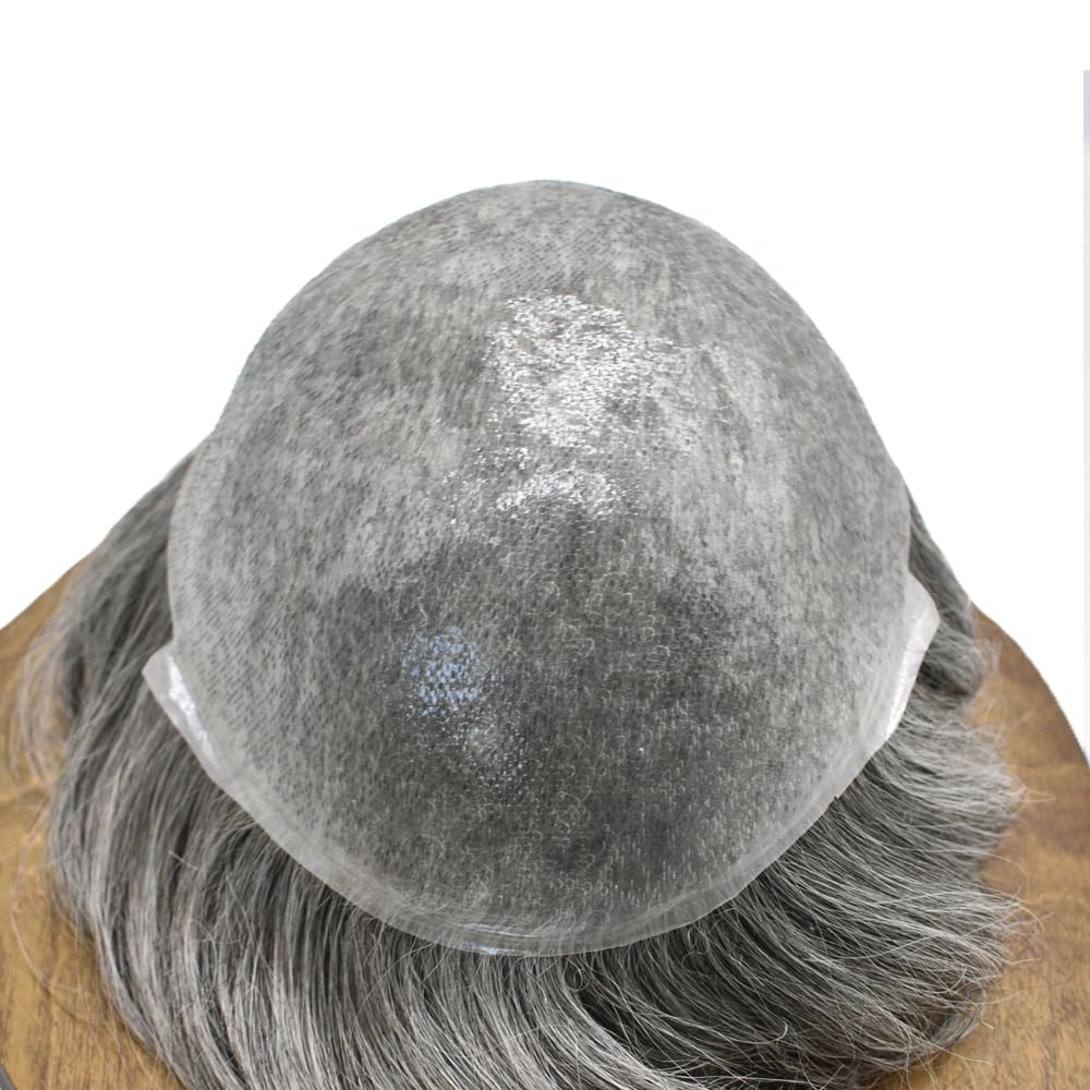 Ultra Thin Skin Toupee for Men - 8x10 Human Hair Toupee System, V-Looped Hairpiece for Hair Replacement, 90% Light Density #1B65 (1B Off Black + 65% Grey) - Natural Looking Hair Prosthesis for Daily Wear & Special Occasions