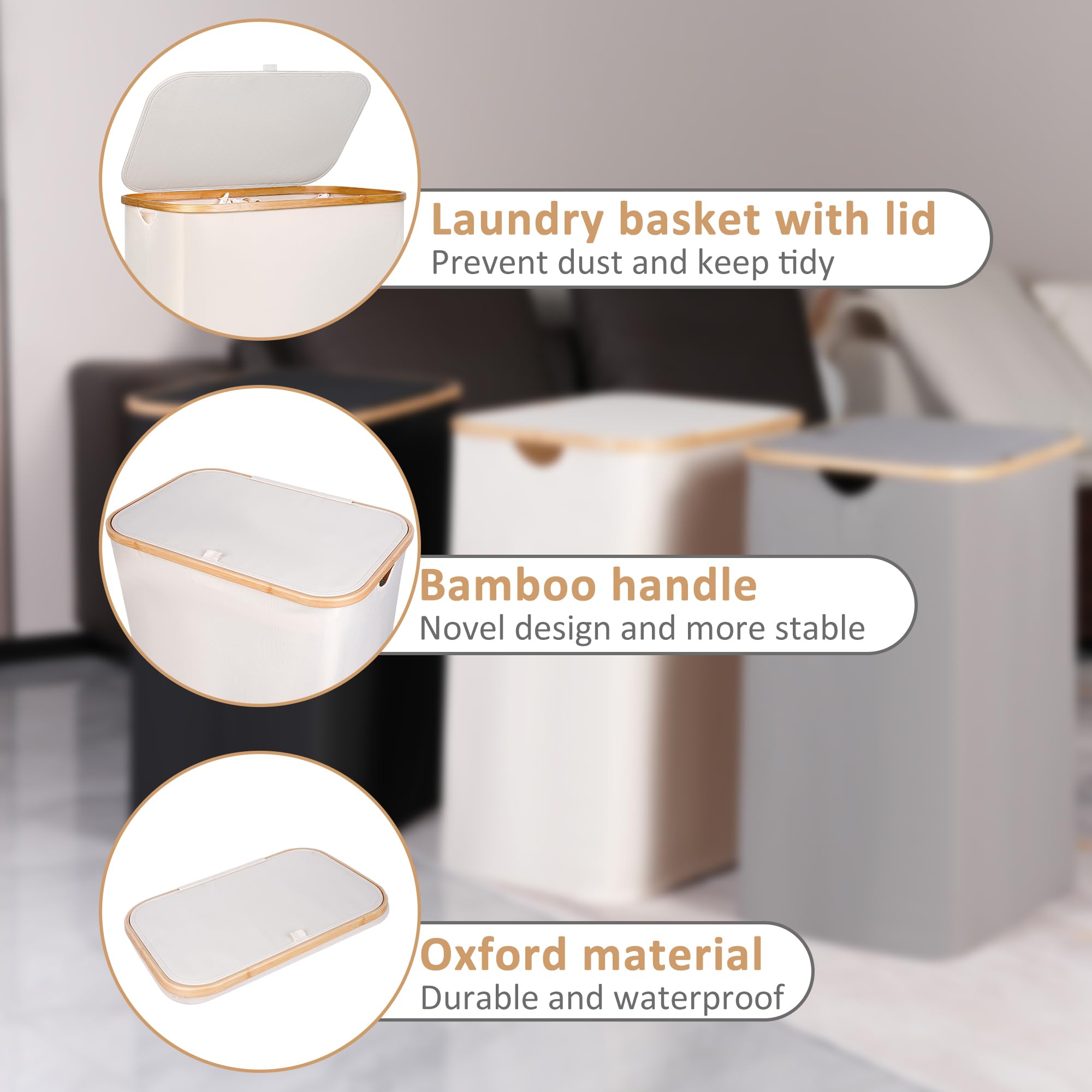 150L Large Laundry Basket with Lid & Bamboo Handle - Collapsible Clothes Hamper Organizer with Removable Inner Bag for Laundry, Toys, Towels Storage - Perfect for Bedroom, Bathroom & Nursery - Beige