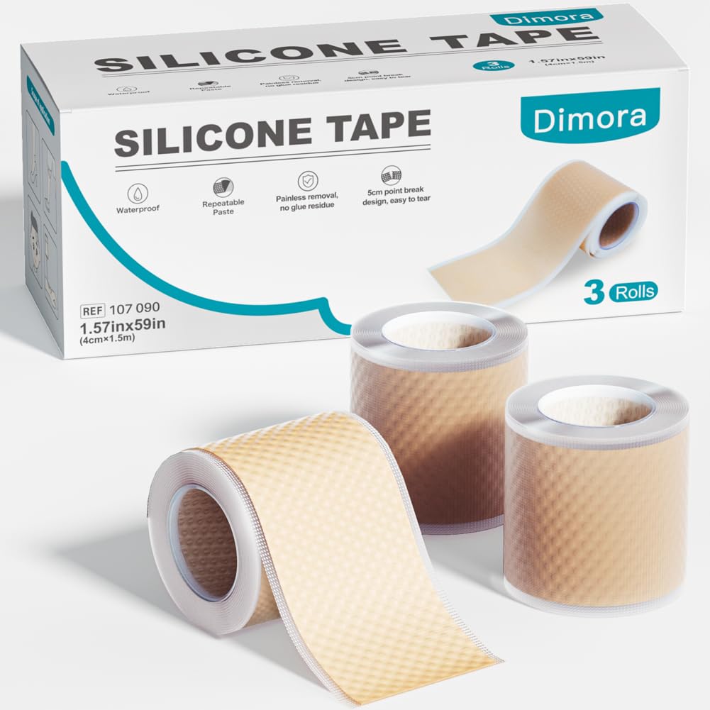 Dimora Silicone Tape 3 Rolls - Hypoallergenic Medical Tape for Sensitive Skin, Pain-Free Removal First Aid Tapes with Easy Tear Precut, Waterproof Surgical Tape, 1.6in x 177in - Ideal for Wound Care, Sports Injuries & Post-Surgery Protection
