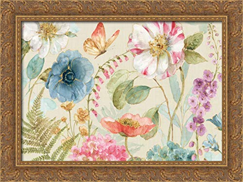 40x28 Gold Ornate Framed Canvas Art Print - Rainbow Seeds Flowers I Linen Texture Wall Decor | Perfect for Living Room, Bedroom & Office Decoration