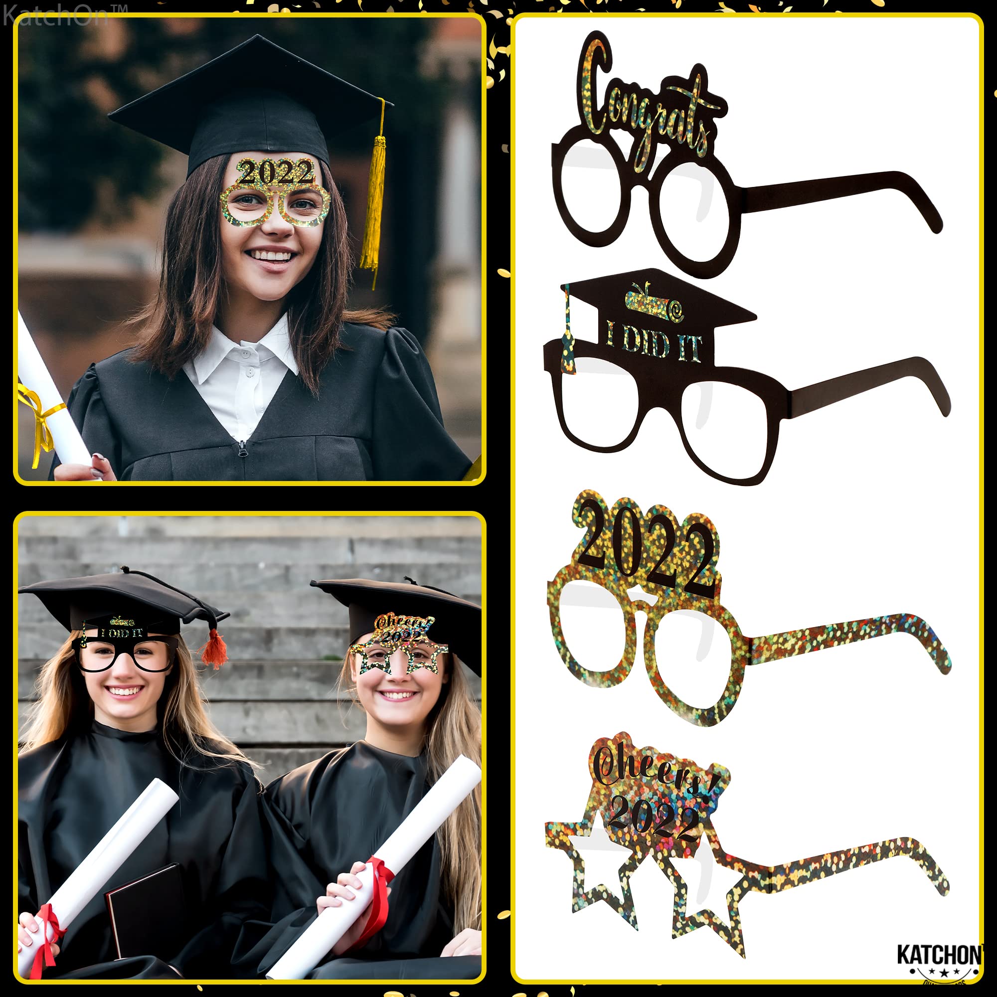 2022 Graduation Glasses - 12 Pack Black & Gold | Photo Booth Props, Party Decorations & Favors | Perfect for Graduation Parties, Ceremonies & Celebrations