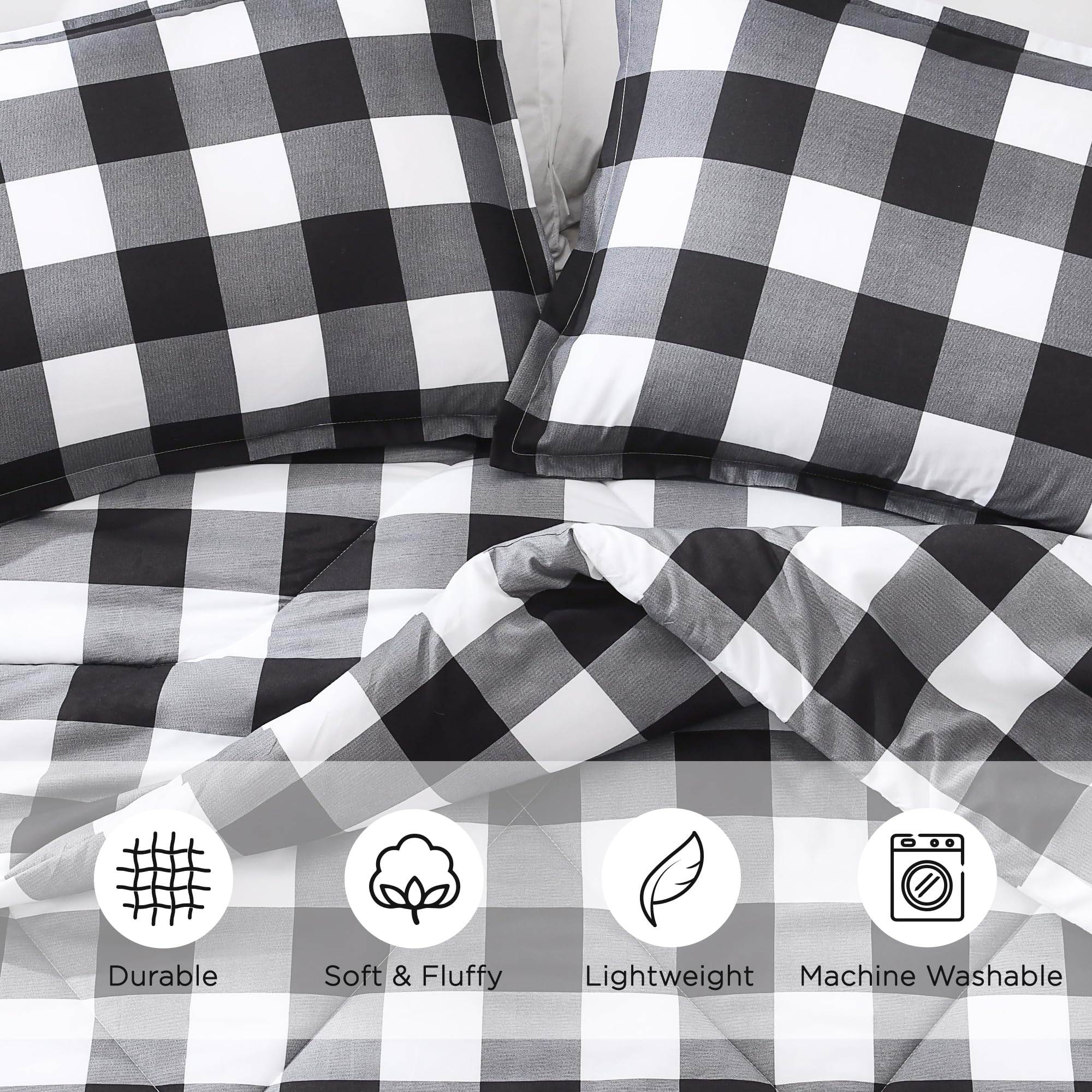 Andency Black Plaid King Size Comforter Set (90x104 Inch) - 3 Piece Buffalo Check Bedding with Lightweight Microfiber Down Alternative Comforter & 2 Pillowcases - Perfect for Summer, Guest Room & Cozy Bedroom Decor