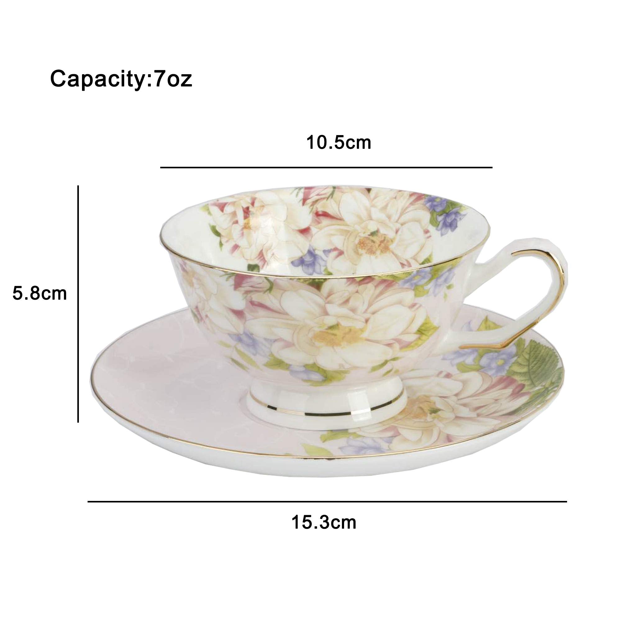 Elegant Pink Floral Bone China Tea Cup and Saucer Set - 7oz Porcelain Coffee & Tea Drinking Set for Afternoon Tea, Bridal Shower, and Home Decor
