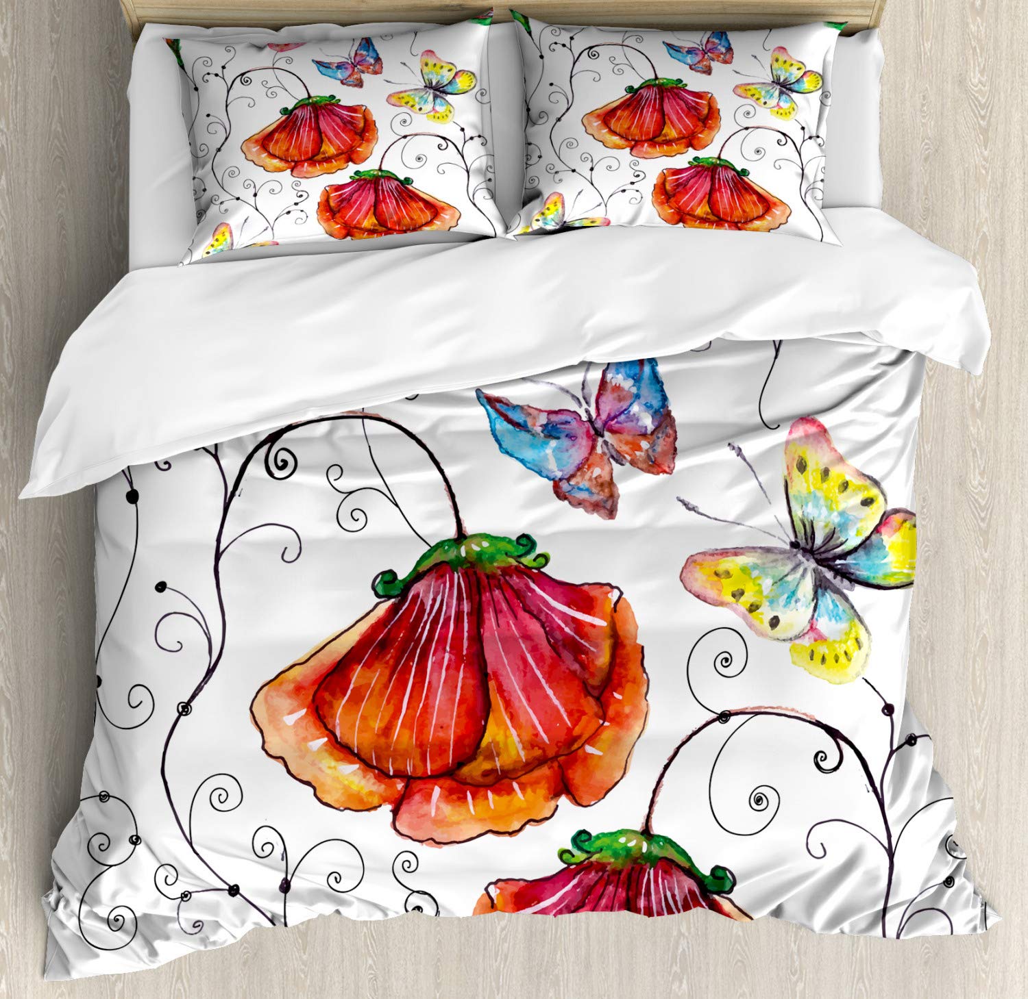 Ambesonne Floral Duvet Cover Set - King Size 2-Pack with Watercolor Flowers, Swirled Branches & Butterflies Design, Includes 2 Duvet Covers & 4 Pillowcases | Botanical Summer Bedding for Master Bedroom, Guest Room & Vacation Homes
