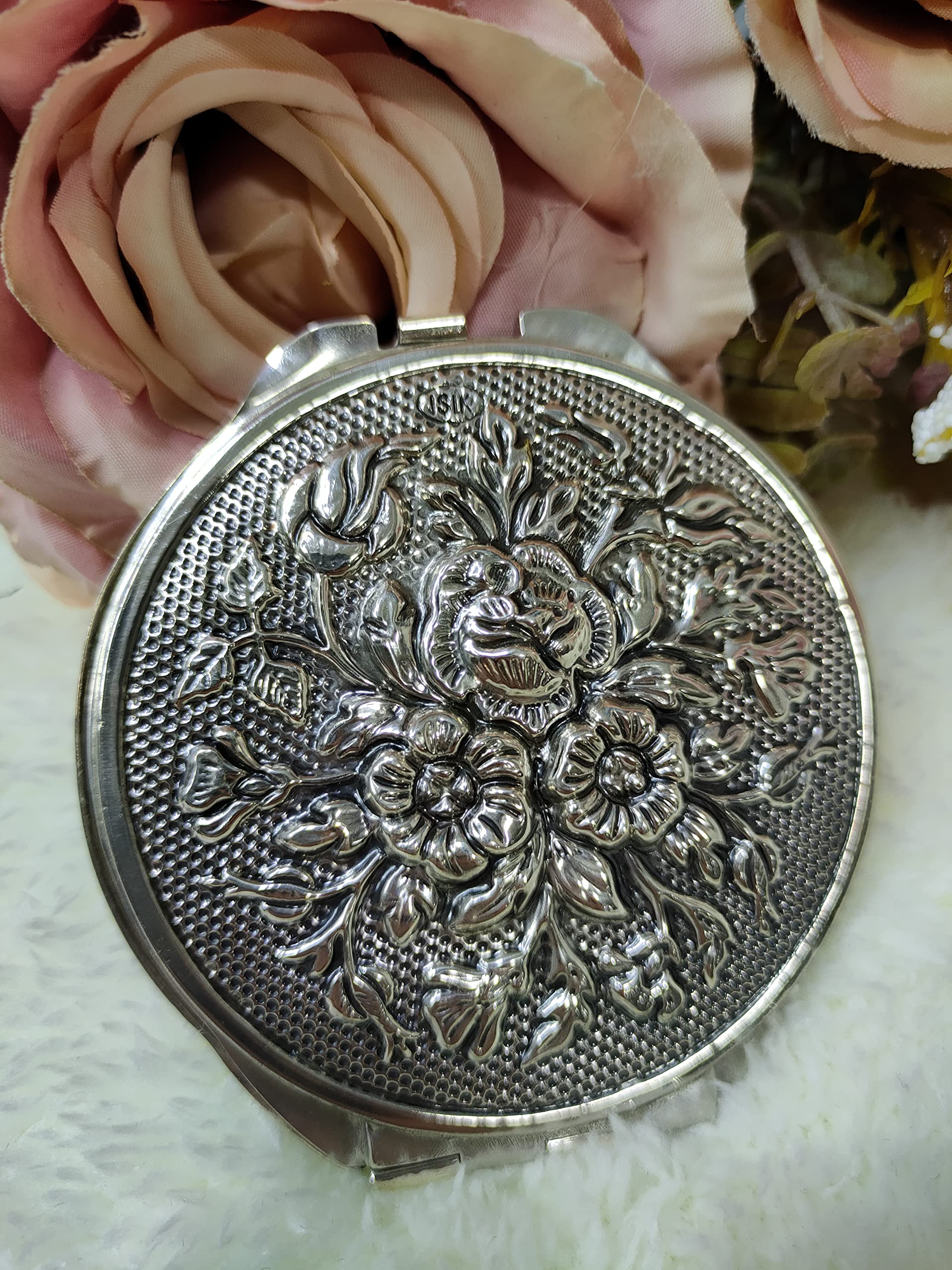 925 Silver Handheld Makeup Mirror - Portable Round Vanity Mirror for Women | Perfect for Travel, Home & Professional Makeup Application