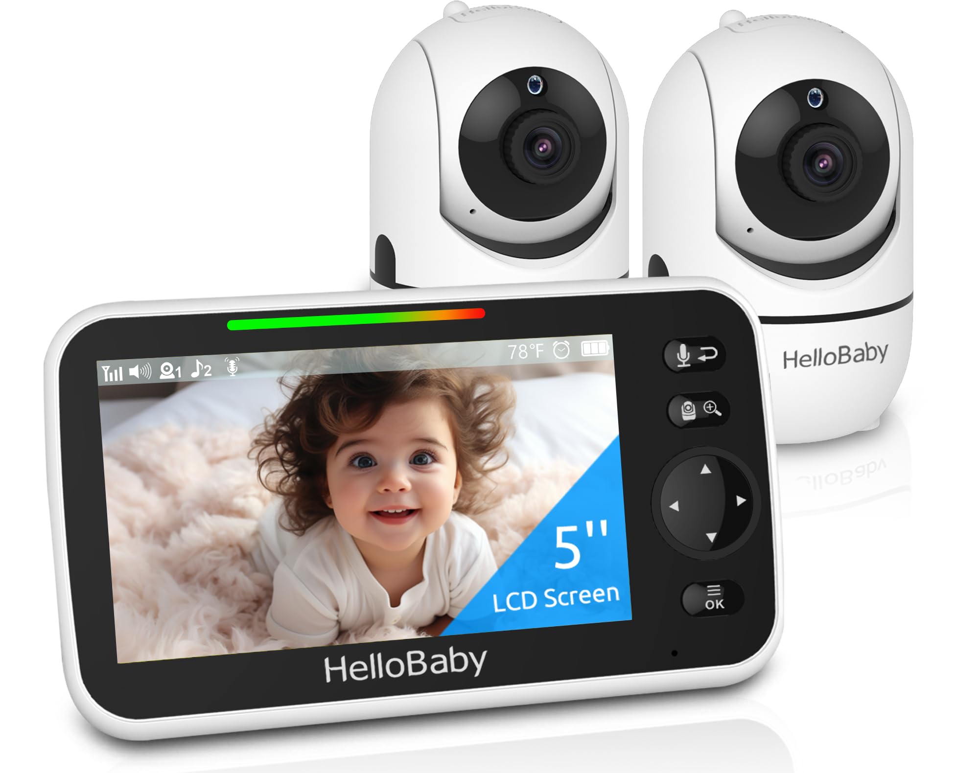 HelloBaby Upgrade 5-Inch Baby Monitor with 2 Cameras & Mount - 26-Hour Battery Life, No Tools or Wall Damage Required - Perfect for Nursery, Bedroom & Travel Use