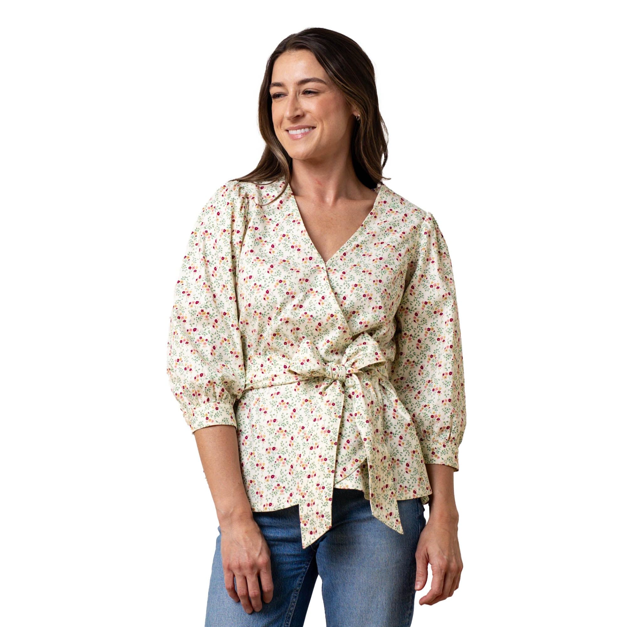 Hope & Henry Women's Puff Sleeve Wrap Shirt - Flowy Blouse for Work & Date Night | Stylish Tops for Office, Cocktail Parties & Casual Outings
