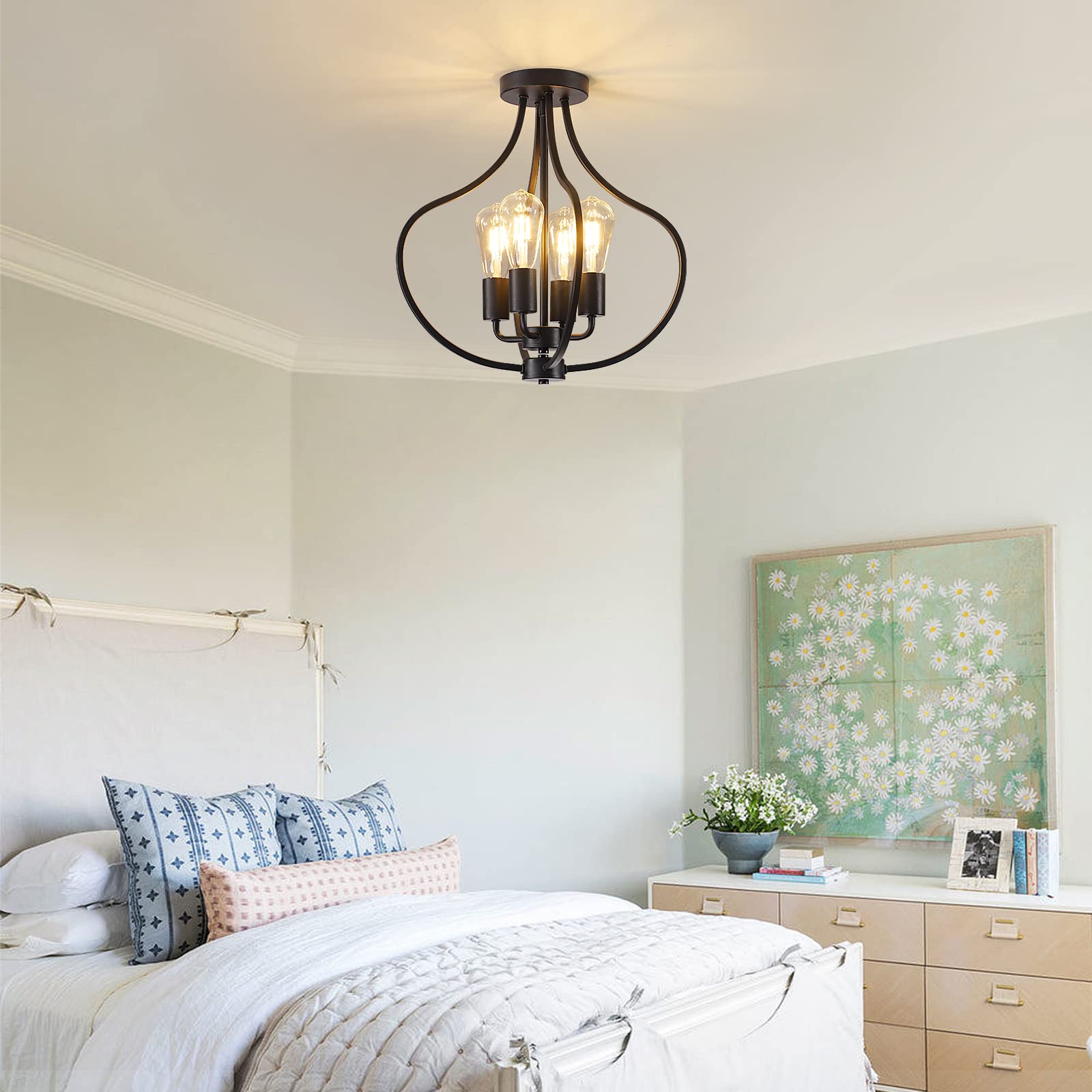 4-Light Modern Semi Flush Mount Ceiling Fixture - Farmhouse Black Chandelier with Industrial Style - Perfect for Kitchen Island, Dining Room, Bedroom, Living Room, Foyer, Entryway & Hallway Lighting - Ideal for Home, Office, Restaurant and Commercial Spaces