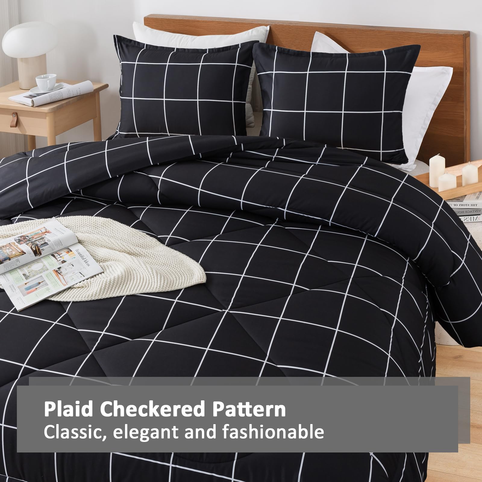Andency Black Full Size 3-Piece Comforter Set - Plaid Grid Microfiber Bedding for Boys & Kids | All-Season Soft Lightweight Geometric Bedding Set | Perfect for Kids' Rooms, Dormitories & Guest Bedrooms