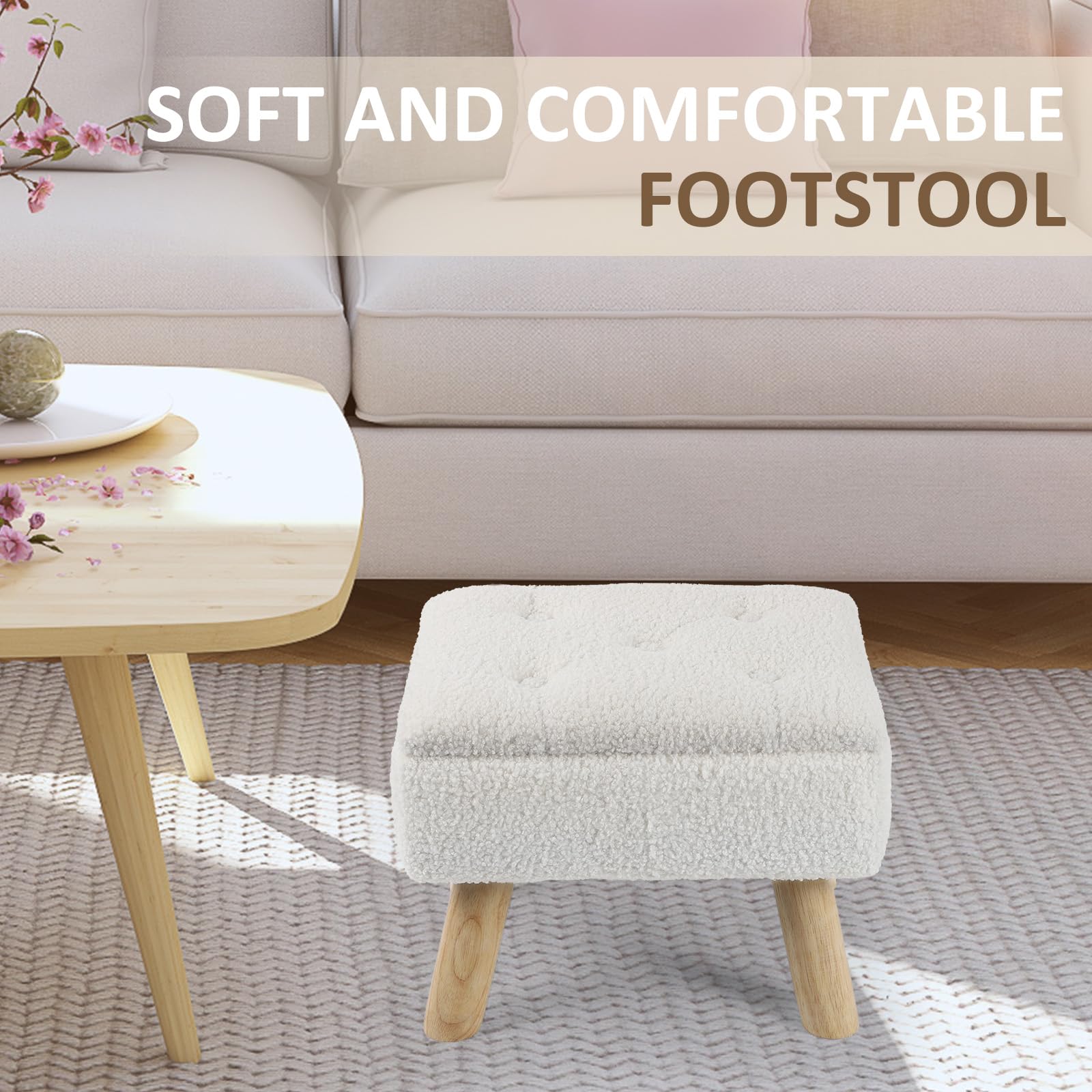 Storage Ottoman with Padded Seat - Small Boucle Teddy Velvet Foot Stool with Sturdy Wood Legs, Multi-Functional Storage Ottoman for Living Room, Bedroom & Entryway (Cream) | Perfect for Extra Seating, Foot Rest & Home Organization