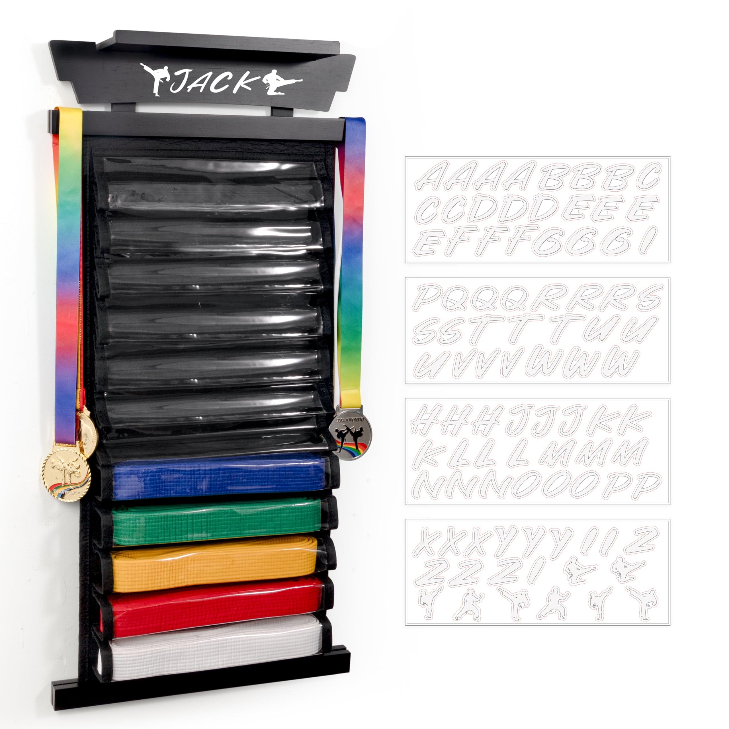 Tilhumt 12 Belts Karate Belt Display Rack with Stickers - Taekwondo Belt Organizer with Trophy & Photo Holder - Felt Dustproof Martial Arts Belt Stand for Kids & Adults - Perfect for Dojo, Gym & Home Decor
