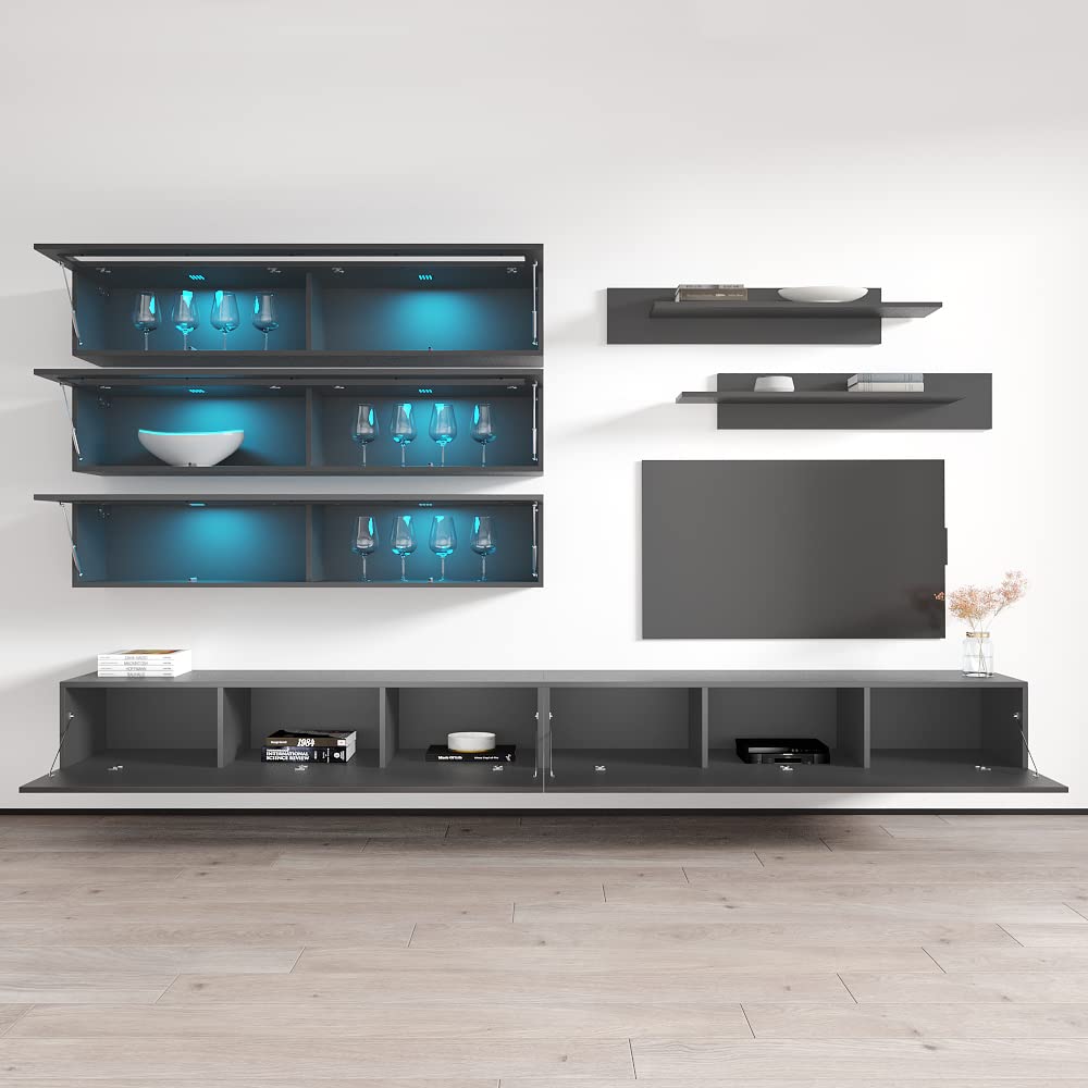 Modern Floating TV Stand with Storage & LED Lights - Wall-Mounted Entertainment Center Console for Bedroom & Living Room - 30 Inch TV Stand with Shelves - Gray - Perfect for Small Spaces & Home Theater Setup
