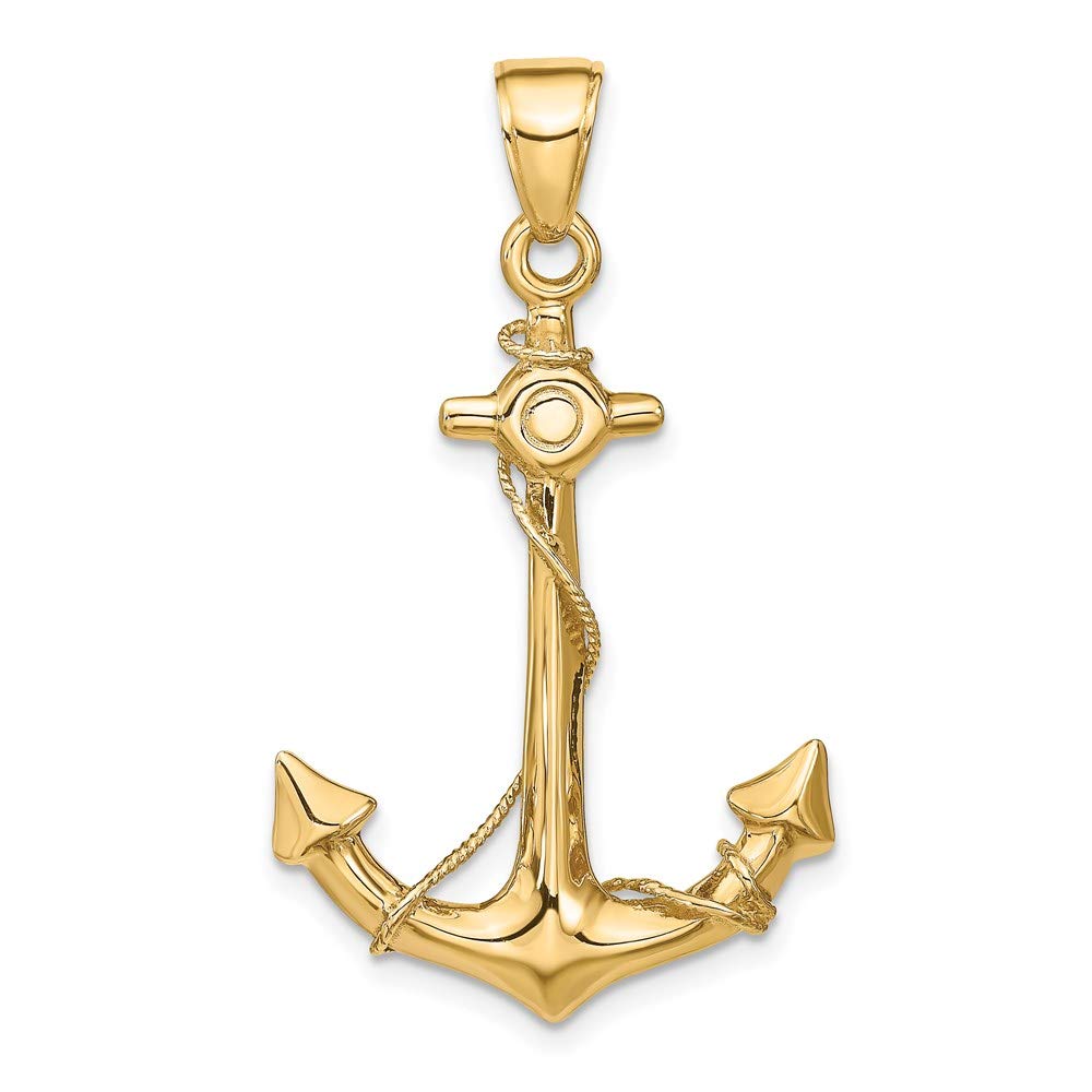 14k Yellow Gold Black Bow Large Anchor with Rope Pendant - Perfect for Nautical-Themed Jewelry and Gift Ideas