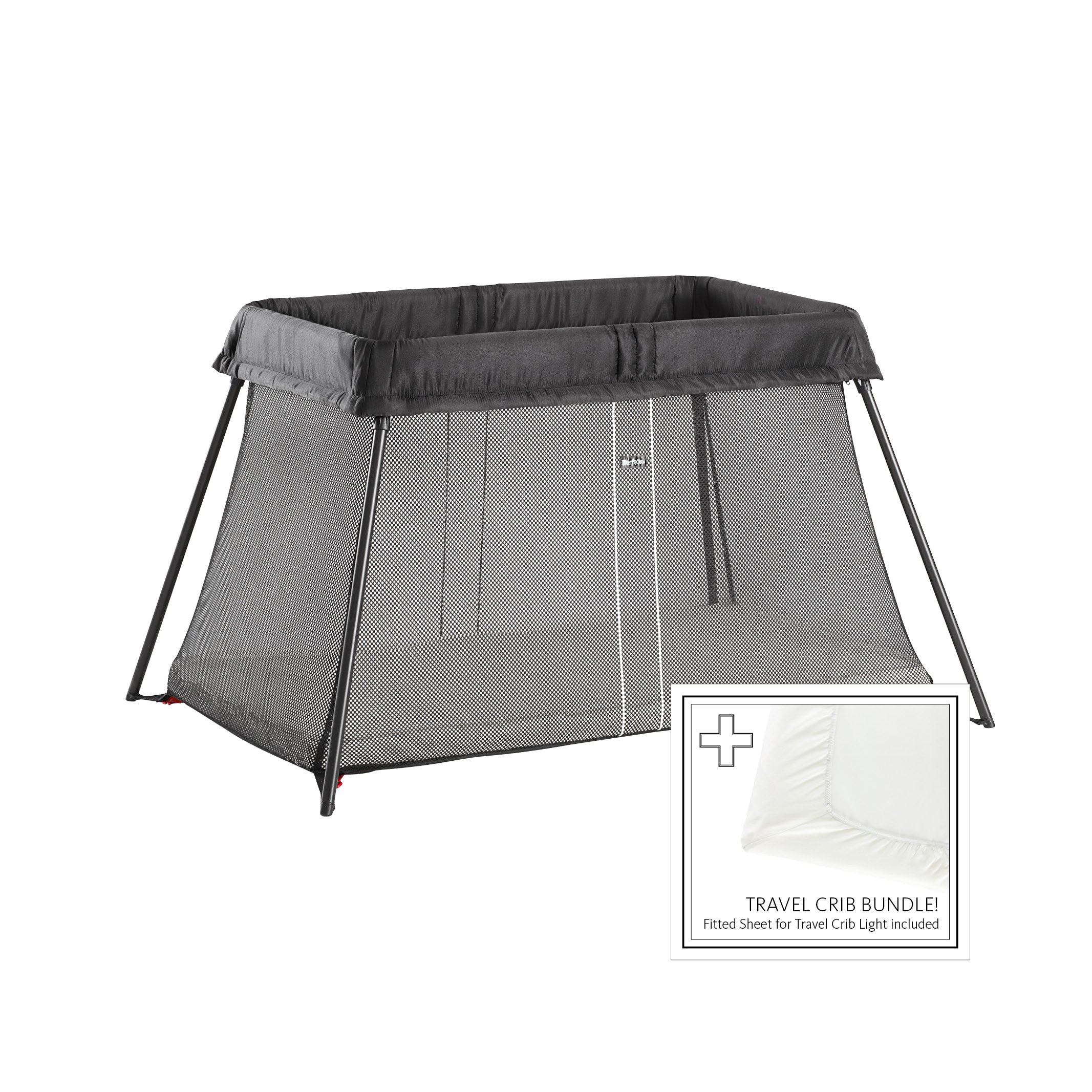 BabyBjörn Travel Crib Light & Fitted Sheet Set - Portable Baby Bed for Travel, Black, One Size (640001US) | Perfect for Home, Hotels & Outdoor Adventures