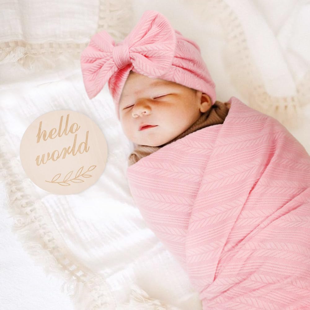 BQUBO 4PCS Baby Swaddle Blankets for Newborn Girls - Soft Cotton Receiving Blankets with Matching Hat & Bow Headband - Includes Hello World Wooden Birth Announcement Card - Perfect for Nursery, Photo Shoots & Baby Showers (Pink)