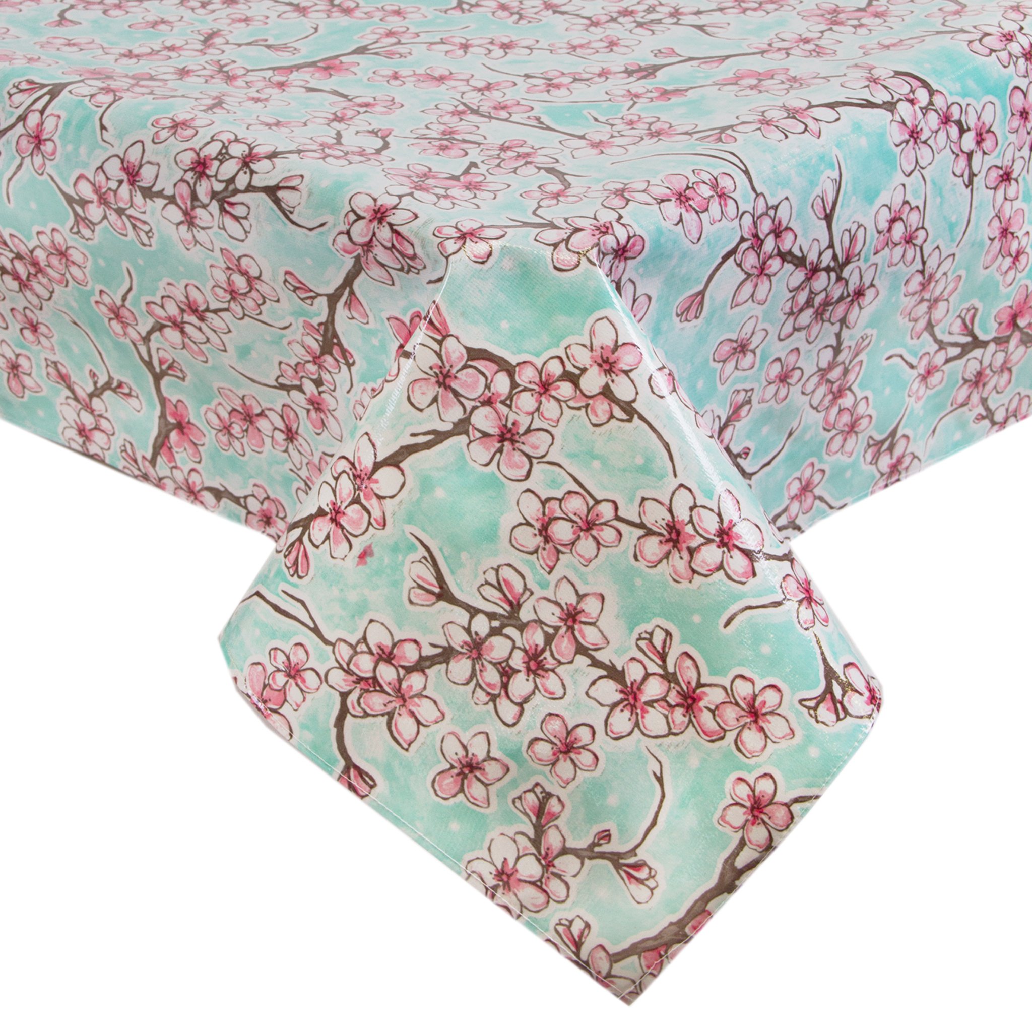 Cherry Blossom Aqua Oilcloth Tablecloth with Faux Bois Trim - Waterproof & Washable - Choose Your Size (24x24 to 72x120 Inches) - Perfect for Picnics, Outdoor Dining & Kitchen Decor