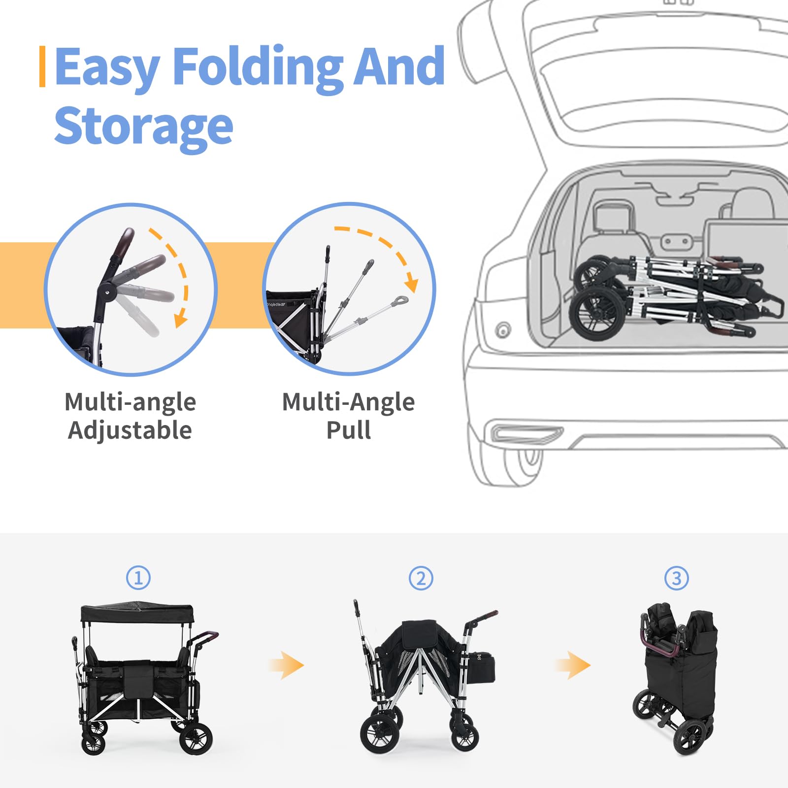 **2-in-1 Stroller Wagon for Kids - Double Seats with 5-Point Safety Harness, Adjustable Canopy & Foldable Design - Perfect for Outdoor Adventures, Shopping, Beach Trips & Family Outings (Black)**
