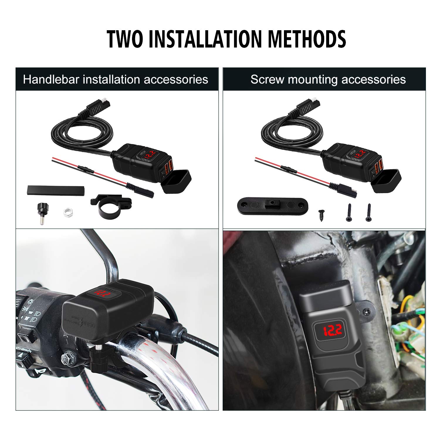 Vemote Waterproof Motorcycle USB Phone Charger - 6.8A Dual Port QC3.0 Fast Charging with Voltmeter, ON/Off Switch & Fuse - SAE USB Adapter for Phone, Tablet, Camera, GPS - Fits 7/8inch Handlebar (Red) - Perfect for Long Rides, Road Trips & Adventure Motorcycling