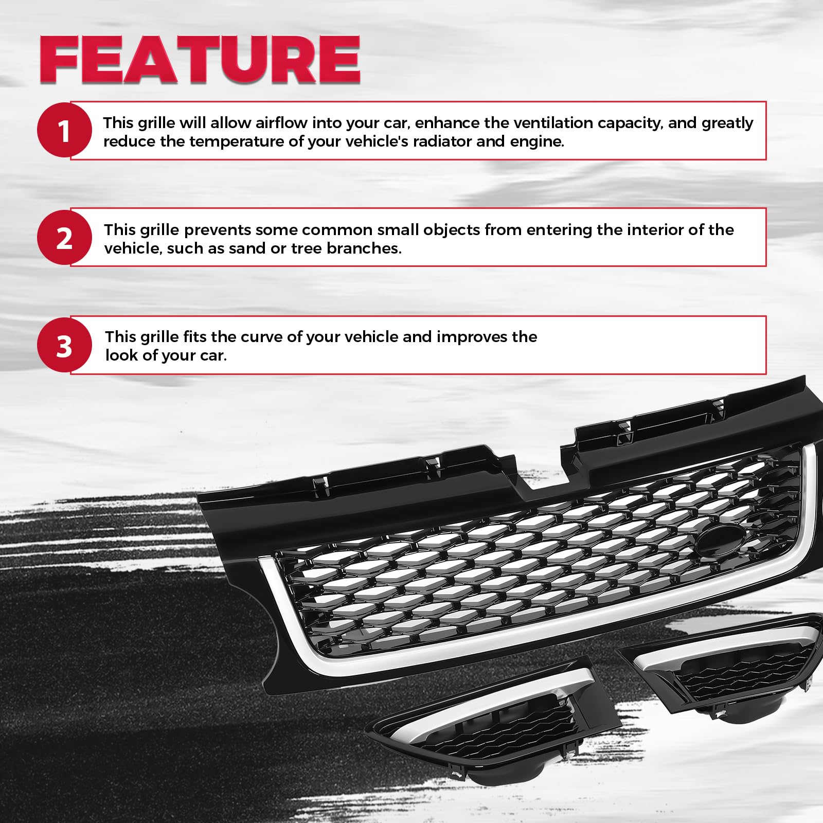 HECASA Black Front Grill & Air Side Vents for 2010-2013 Land Rover Range Rover Sport L320 - Bumper Grille Assembly Replacement - Perfect for Off-Roading & Custom Car Upgrades