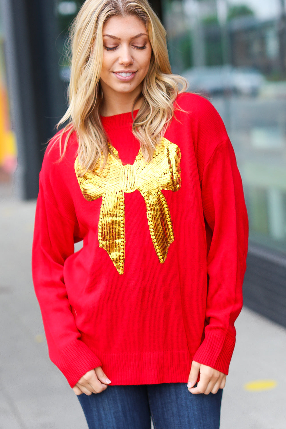 All I Want Red Sequin Bow Embroidery Knit Sweater | Women's Christmas Party Holiday Pullover | Perfect for Festive Gatherings & Winter Celebrations