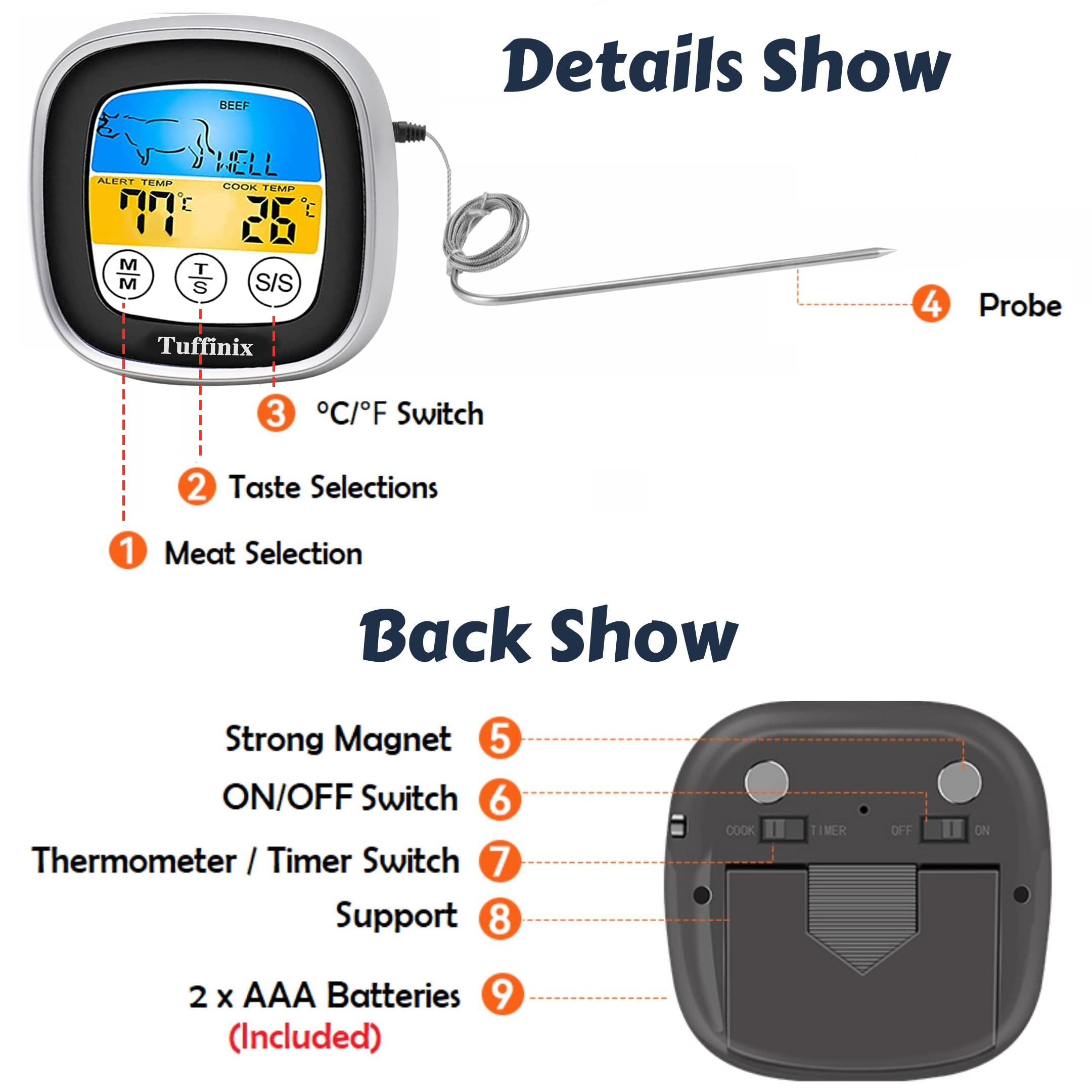 Tuffinix Digital Touchscreen Meat Thermometer - Instant Read Food Thermometer with 40in Probe, Timer & Oven Safe for BBQ, Grilling, Frying, Smoking | Perfect for Kitchen, Outdoor Cooking & Professional Chefs