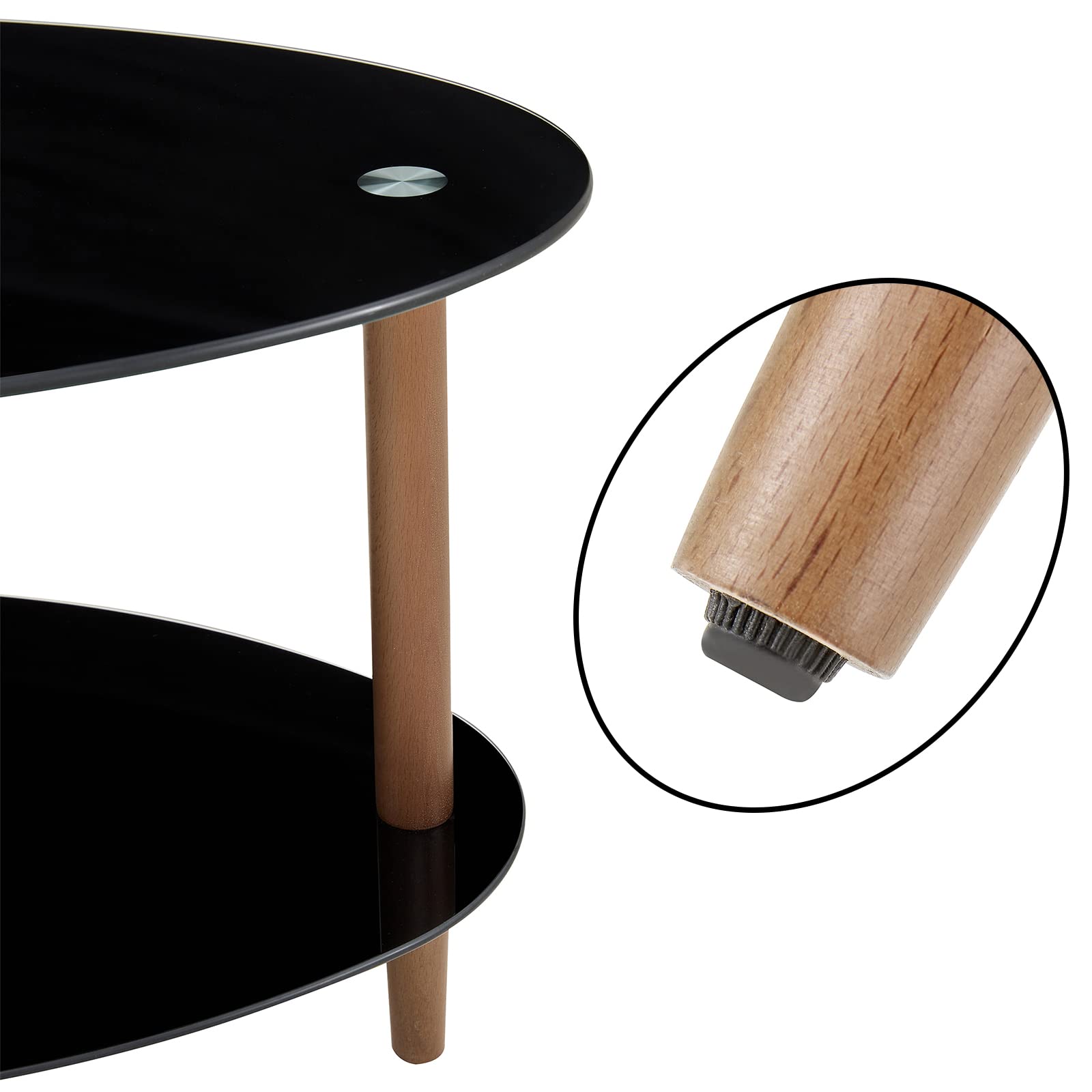 Modern Black Oval Glass Coffee Table with Oak Wood Legs - 3-Layer Transparent Glass Top - Perfect for Living Room, Waiting Room & Office Spaces