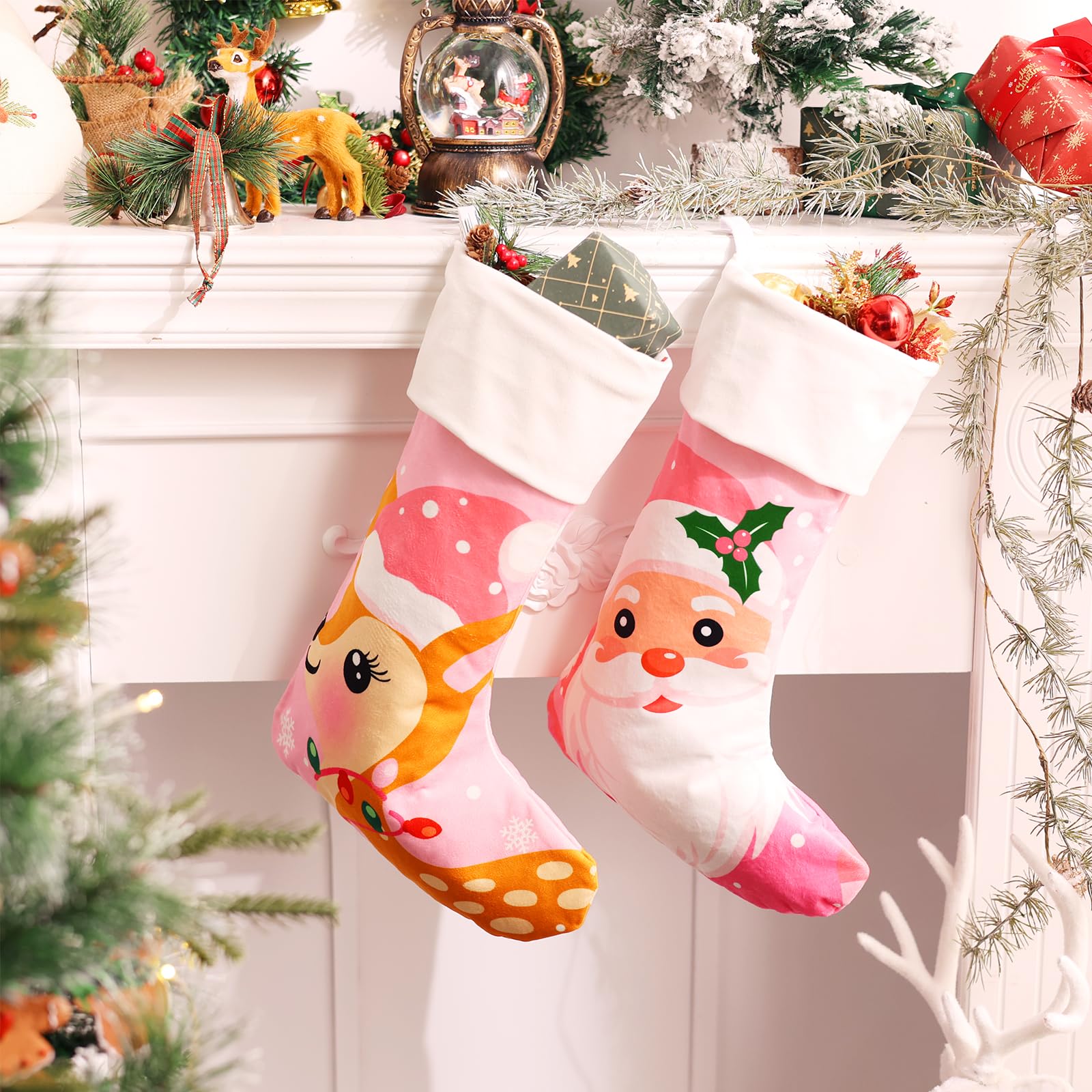 2 Pack Pink Christmas Stockings - Santa Reindeer Holiday Decor for Tree Hanging, Family Winter Decorations | Perfect for Fireplace Mantel, Gift Exchange & Festive Home Decor