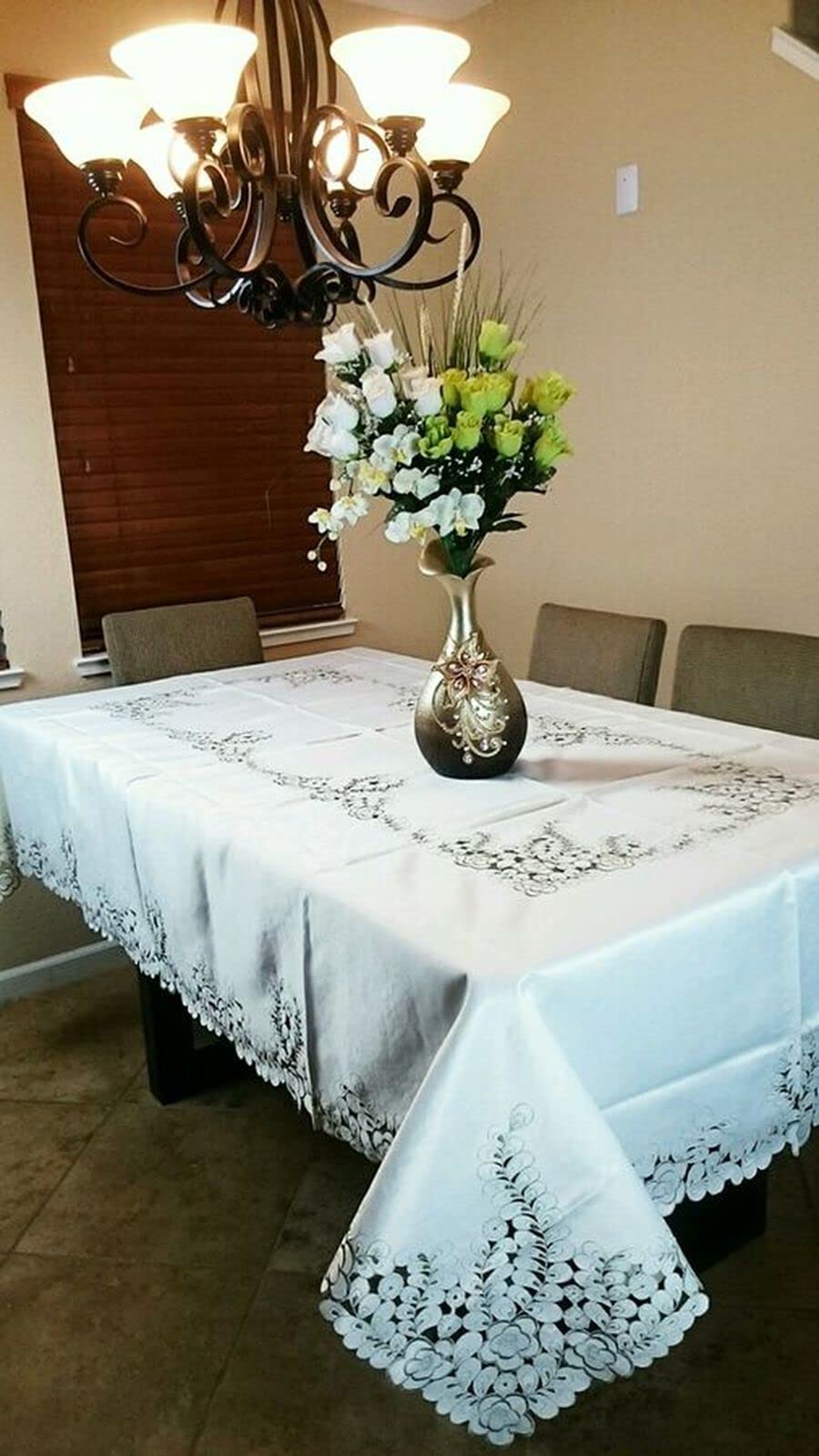 Elegant Embroidered Peacock Cutwork Tablecloth 72x108 Inch - Washable Linen Table Cover for Dining Table, Buffet, Parties & Special Occasions | Perfect for Weddings, Banquets & Holiday Decor