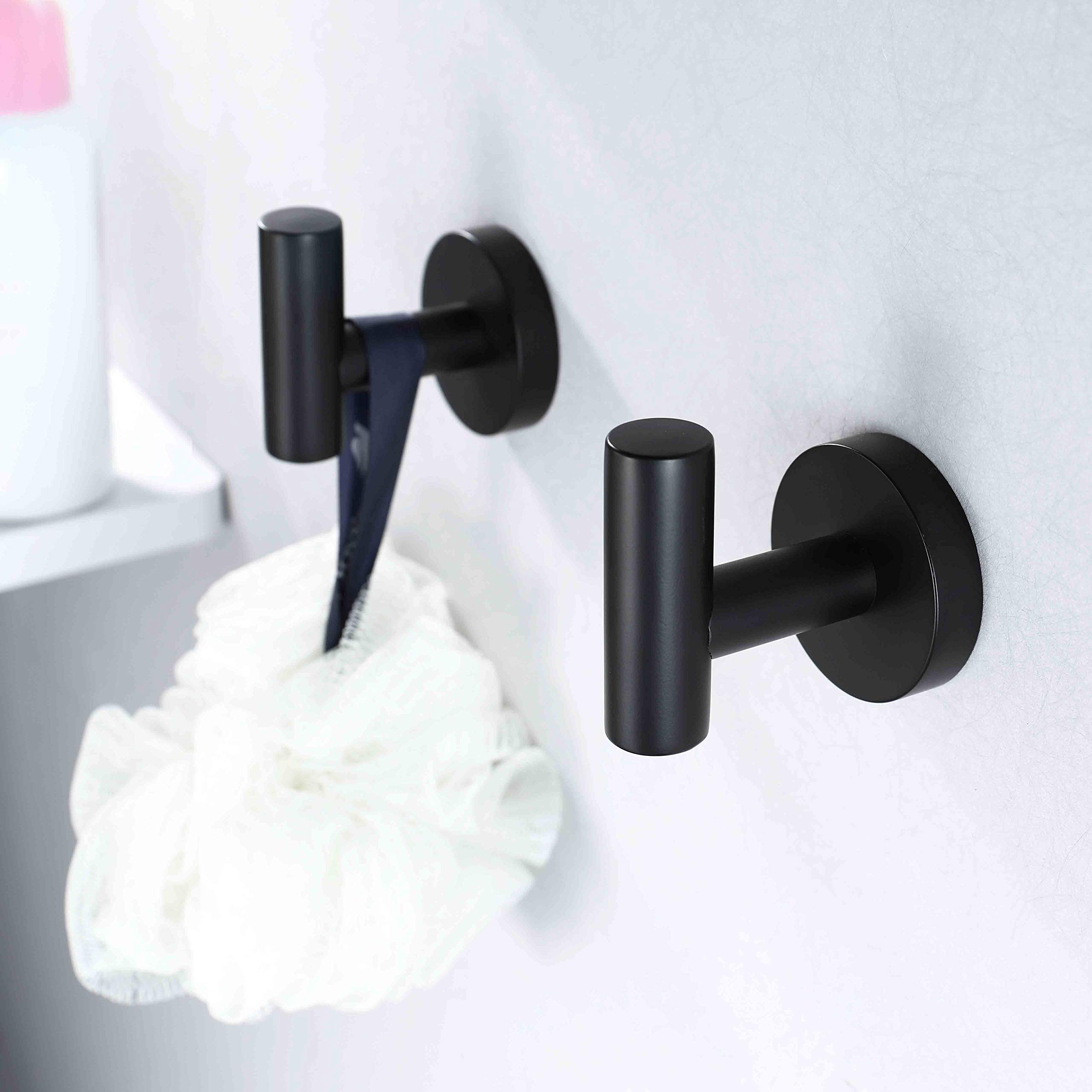 Stainless Steel Wall Hooks 2 Pack - Modern Matte Black Bathroom Towel Hooks, Robe Hangers & Shower Hooks for Bathroom, Kitchen, Bedroom Organization